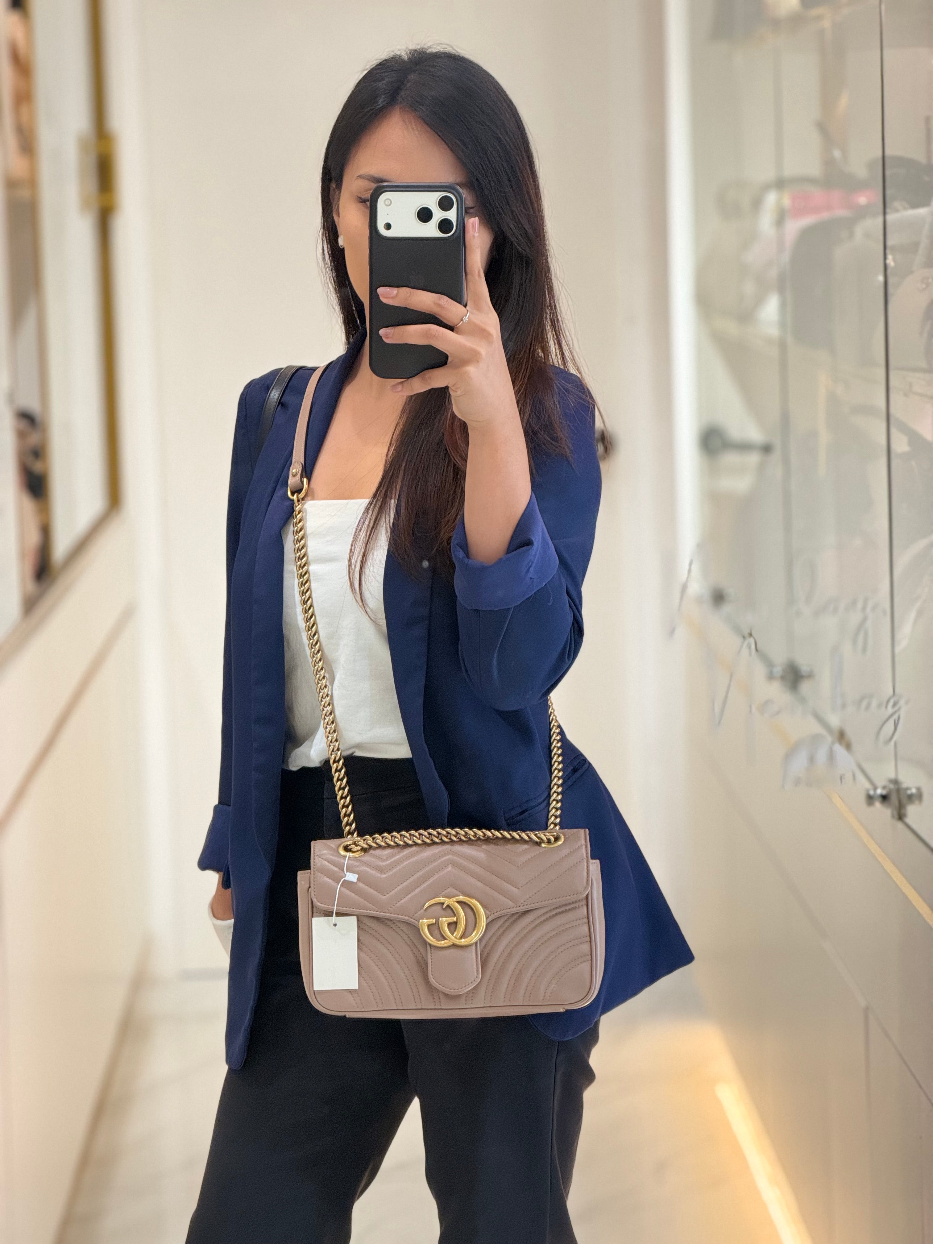 GG Marmont Small Shoulder Bag In Porcelain Rose Chevron Quilted Matelasse Calfskin Leather & Gold Hardware | Purse Maison Luxury Bags Shop