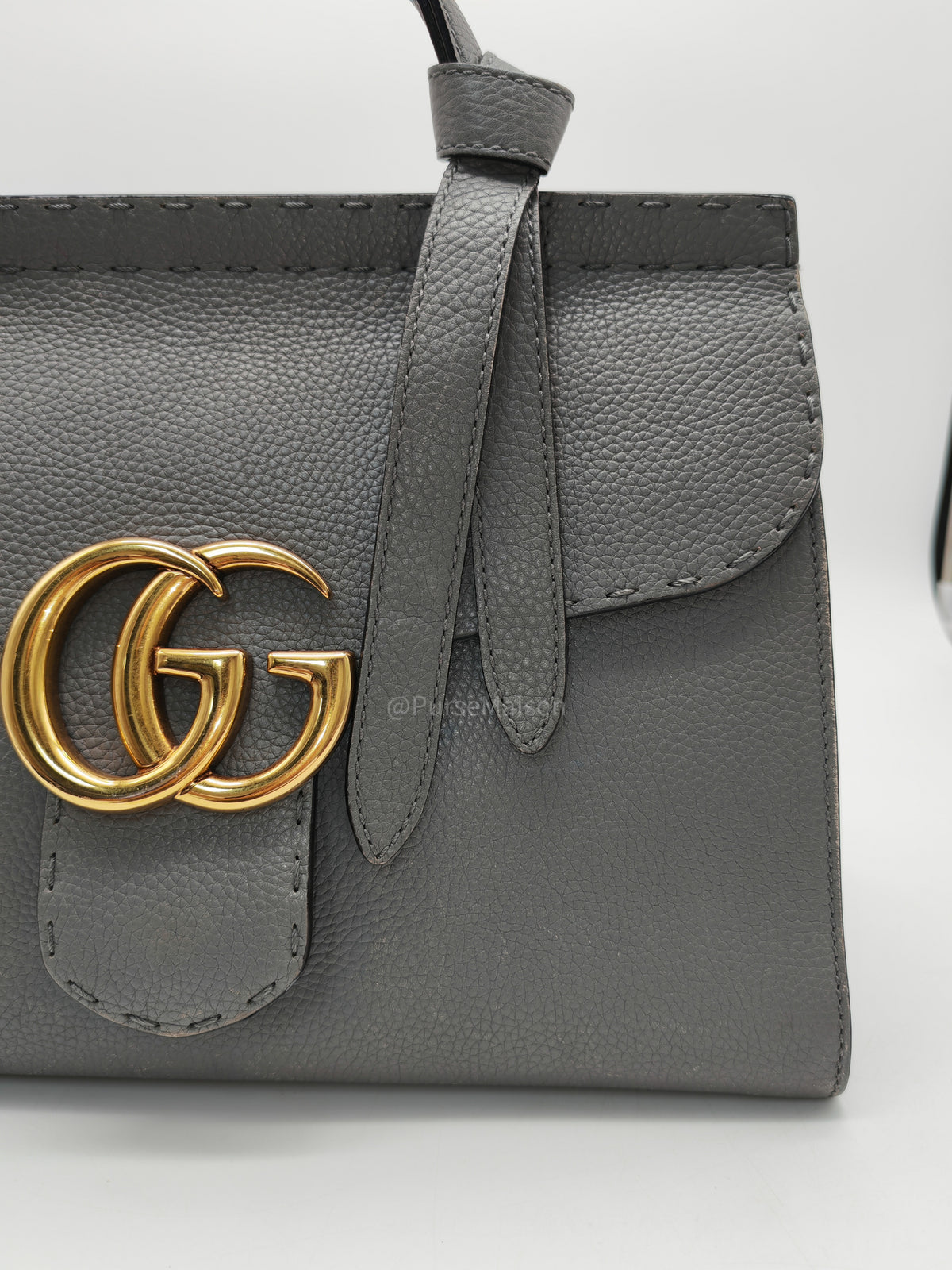 Gucci GG Marmont Top Handle Bag in Gray Cellarius Calfskin Leather and Gold Hardware | Purse Maison Luxury Bags Shop