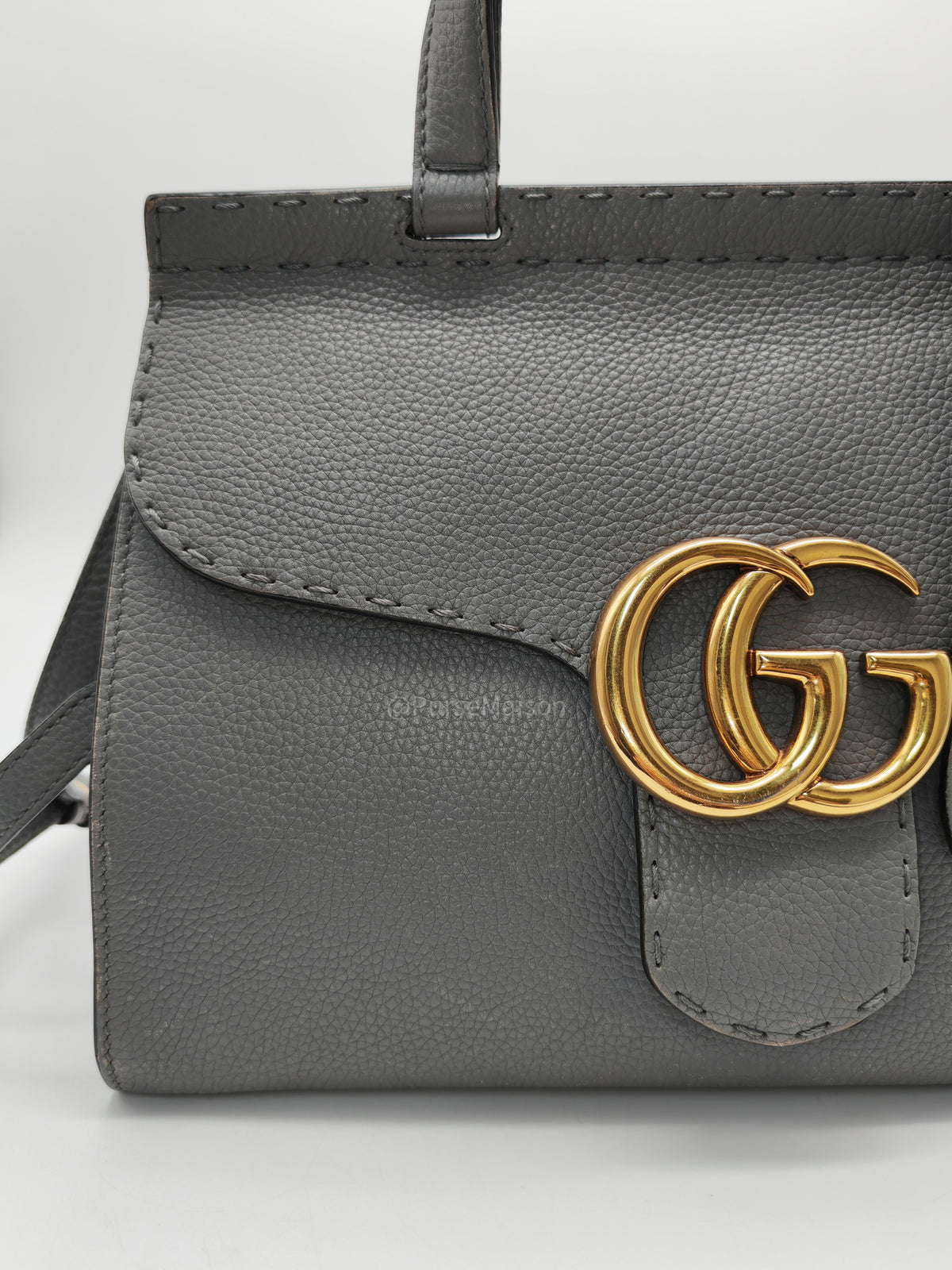 Gucci GG Marmont Top Handle Bag in Gray Cellarius Calfskin Leather and Gold Hardware | Purse Maison Luxury Bags Shop