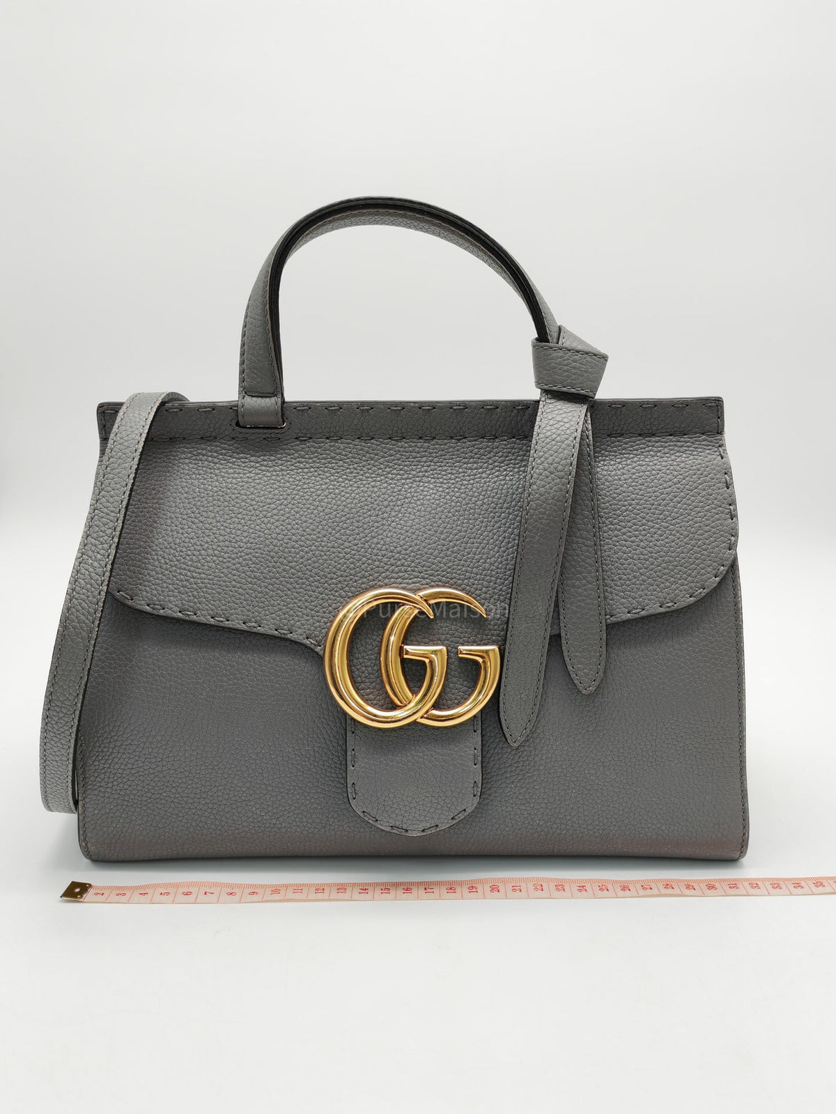 Gucci GG Marmont Top Handle Bag in Gray Cellarius Calfskin Leather and Gold Hardware | Purse Maison Luxury Bags Shop