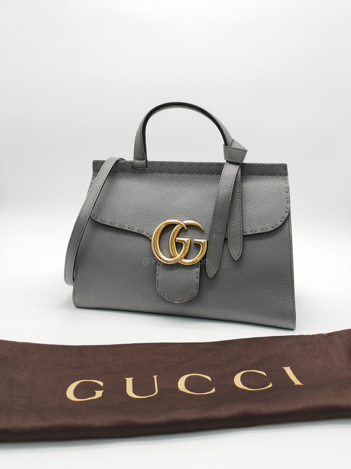 Gucci GG Marmont Top Handle Bag in Gray Cellarius Calfskin Leather and Gold Hardware | Purse Maison Luxury Bags Shop