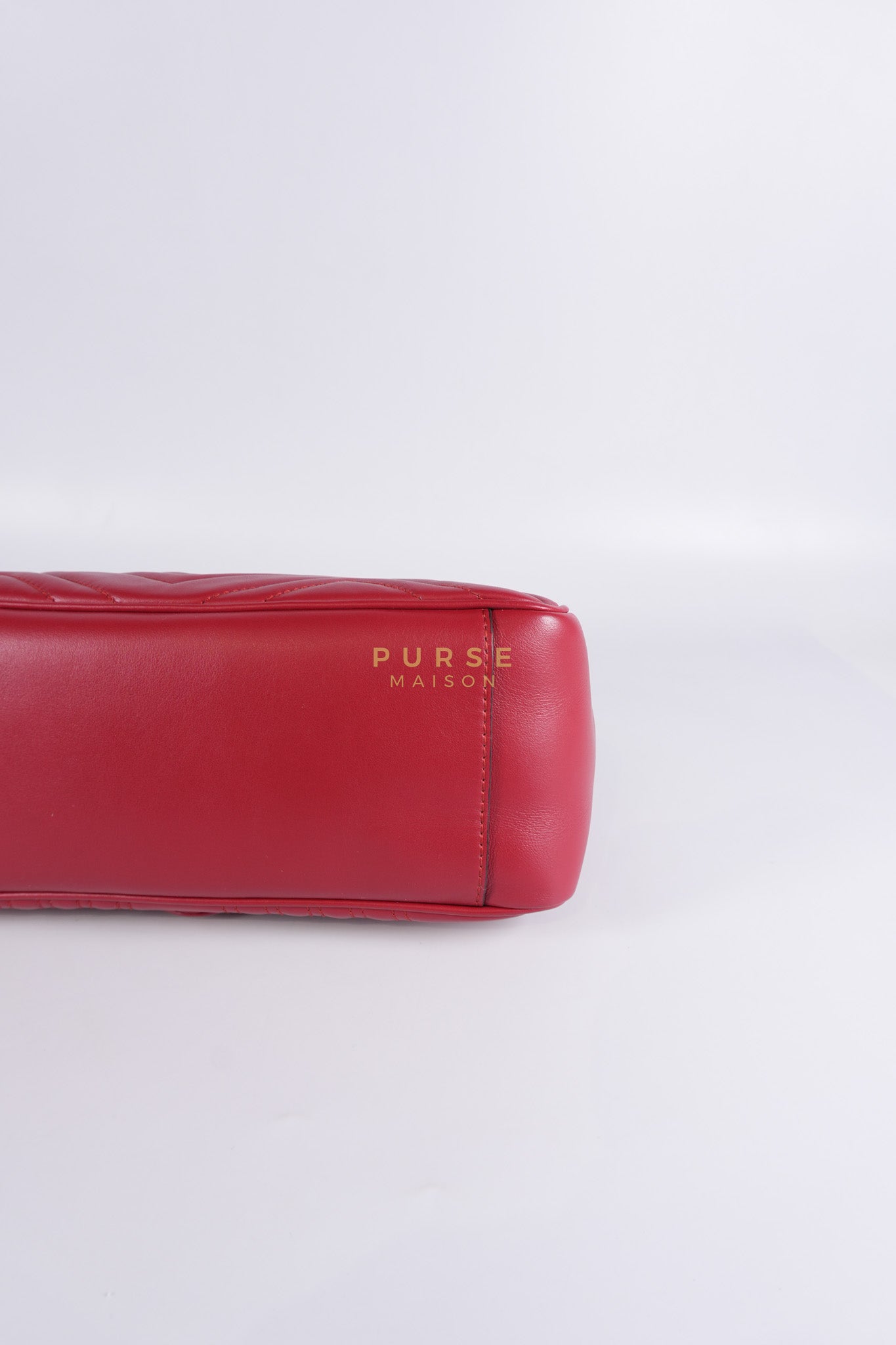 GG Marmont Top Handle Shoulder Bag in Hibiscus Red Calfskin Matelasse Leather & Gold Hardware | Purse Maison Luxury Bags Shop