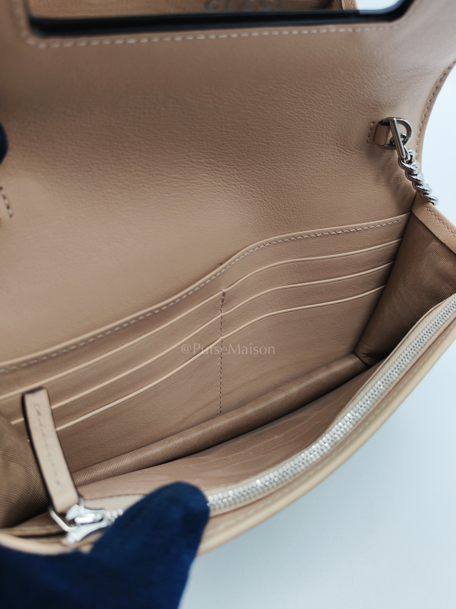 Gucci GG Marmont Wallet on Chain in Beige Leather GG Supreme Canvas | Purse Maison Luxury Bags Shop