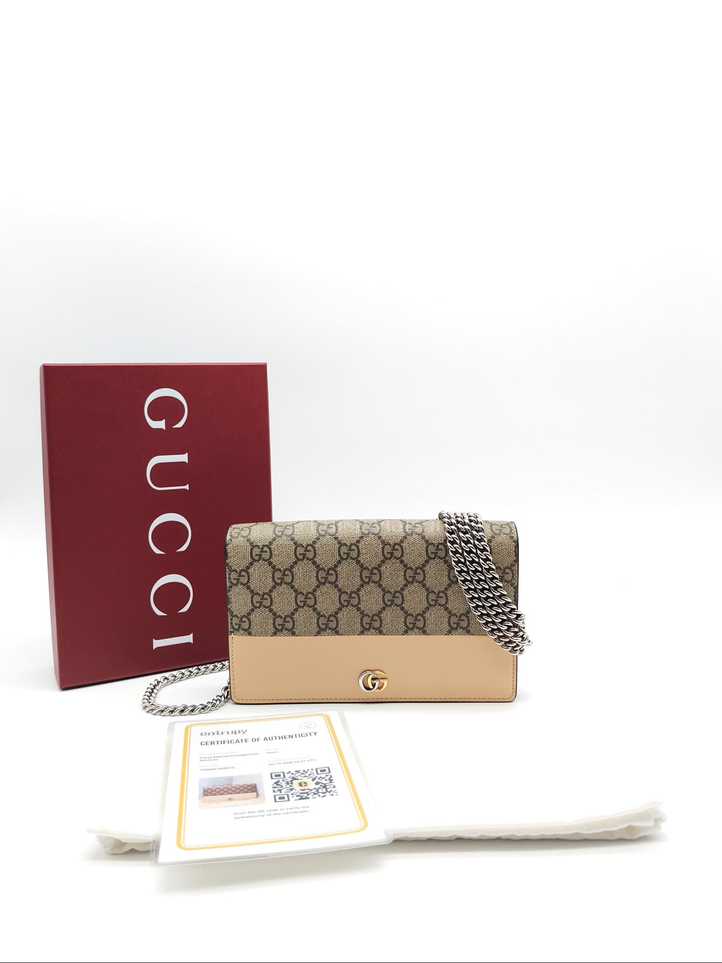 Gucci GG Marmont Wallet on Chain in Beige Leather GG Supreme Canvas | Purse Maison Luxury Bags Shop