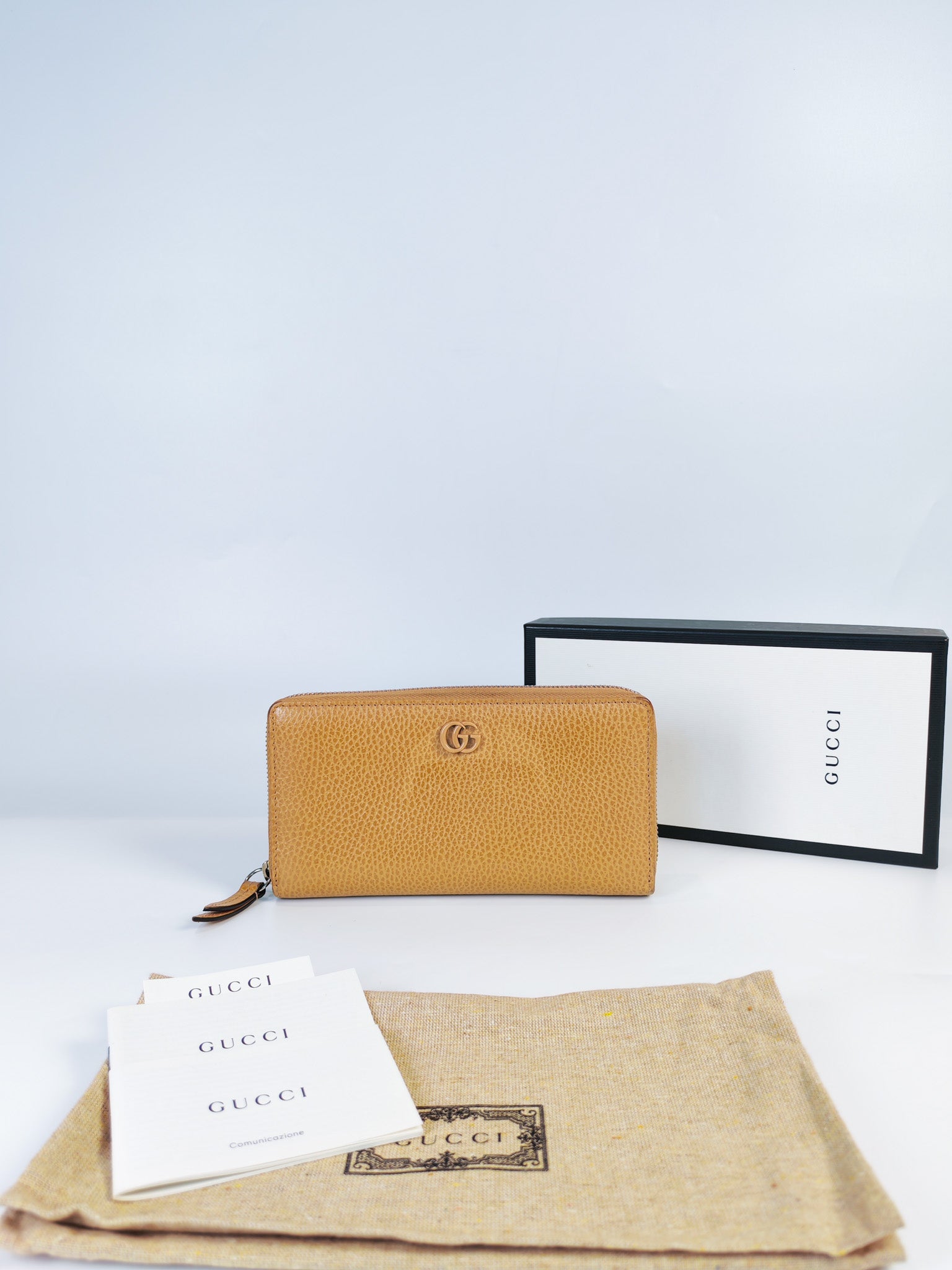 GG Marmont Zip Around Wallet in Tan Pebbled Leather | Purse Maison Luxury Bags Shop