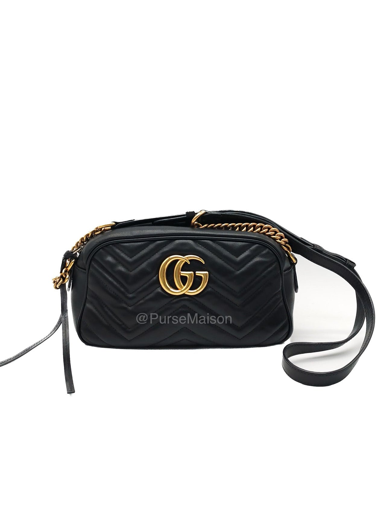 Gucci GG Small Camera Bag in Black Cheveron Quilted Matelasse Leather and Gold Hardware | Purse Maison Luxury Bags Shop