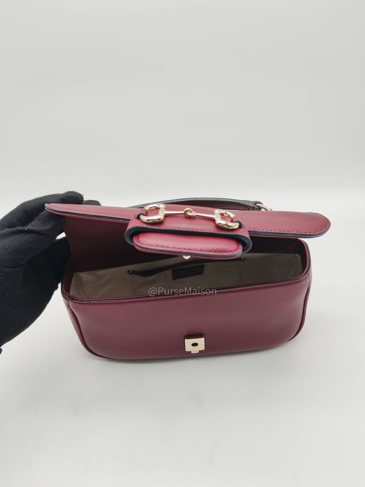 Gucci Horsebit 1955 East West Shoulder Bag in Rosso Ancora Calfskin Leather and Light Gold Hardware | Purse Maison Luxury Bags Shop