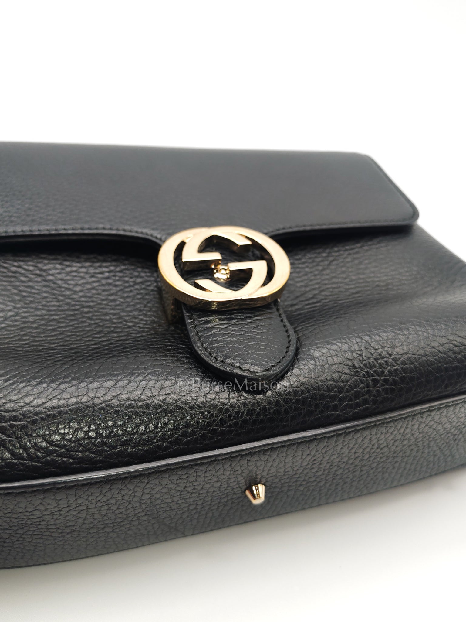 Gucci Interlocking Top Handle Shoulder Bag Black Pebbled Leather in Gold Hardware | Purse Maison Luxury Bags Shop