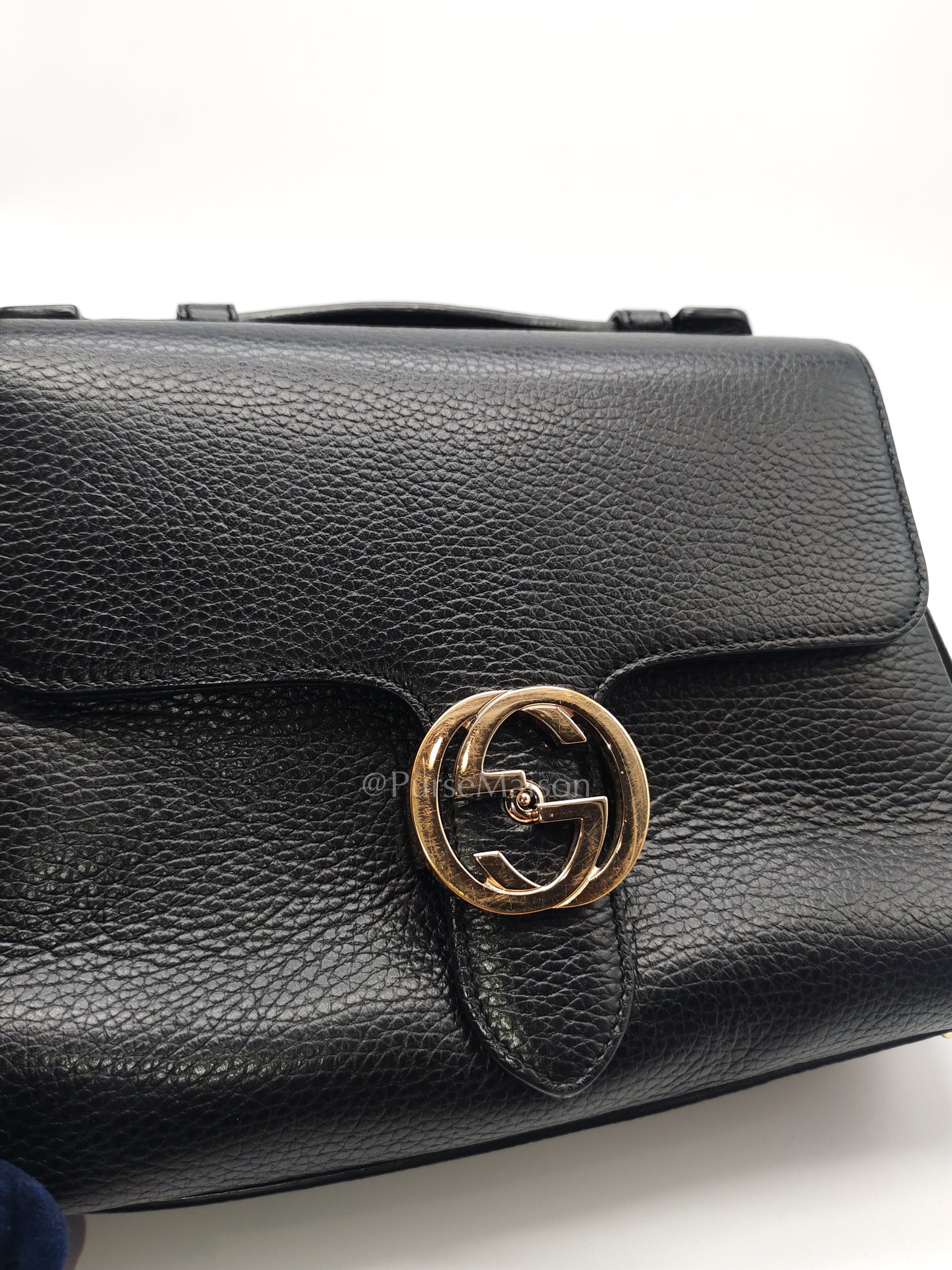 Gucci Interlocking Top Handle Shoulder Bag Black Pebbled Leather in Gold Hardware | Purse Maison Luxury Bags Shop