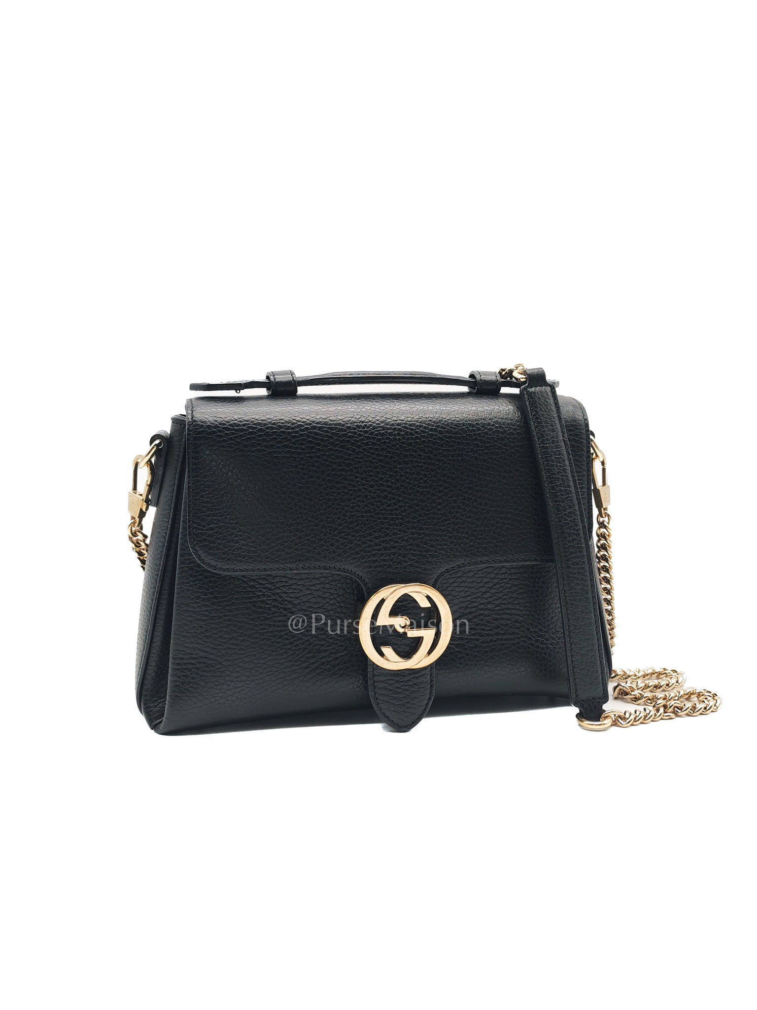 Gucci Interlocking Top Handle Shoulder Bag Black Pebbled Leather in Gold Hardware | Purse Maison Luxury Bags Shop