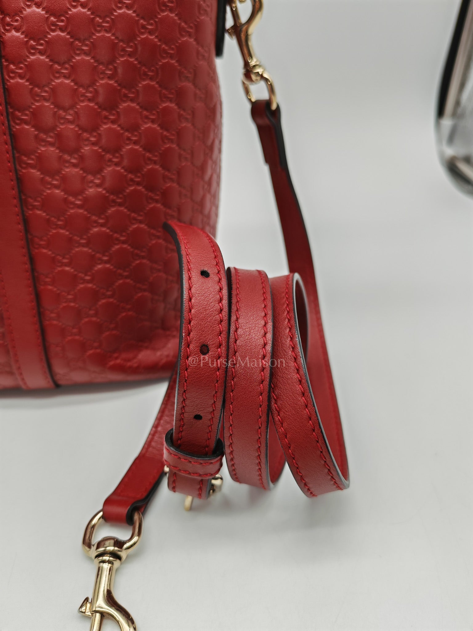 Gucci Margaux Tote Bag in Burgundy Microguccima Leather and Light Gold Hardware | Purse Maison Luxury Bags Shop