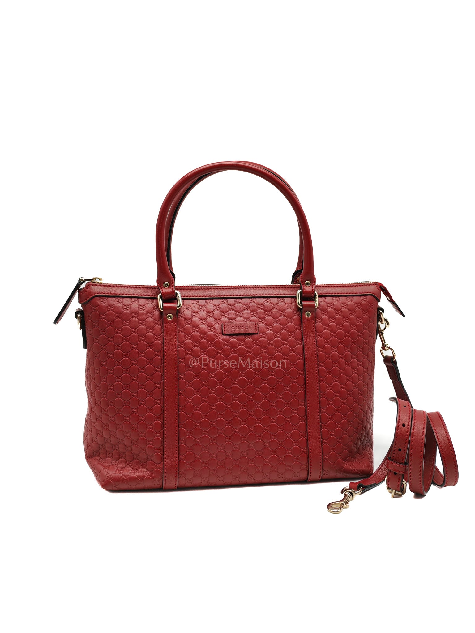 Gucci Margaux Tote Bag in Burgundy Microguccima Leather and Light Gold Hardware | Purse Maison Luxury Bags Shop
