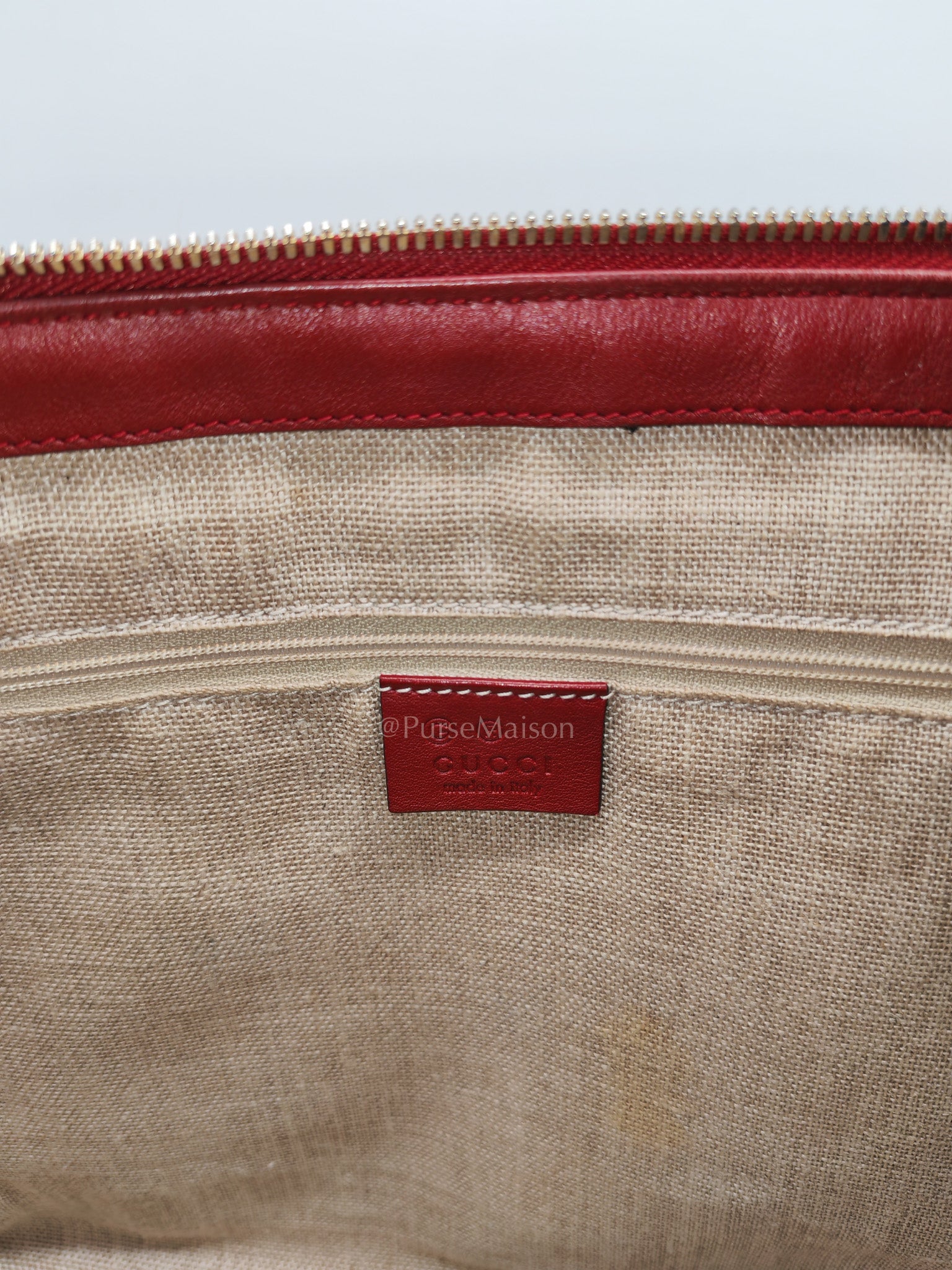Gucci Margaux Tote Bag in Burgundy Microguccima Leather and Light Gold Hardware | Purse Maison Luxury Bags Shop