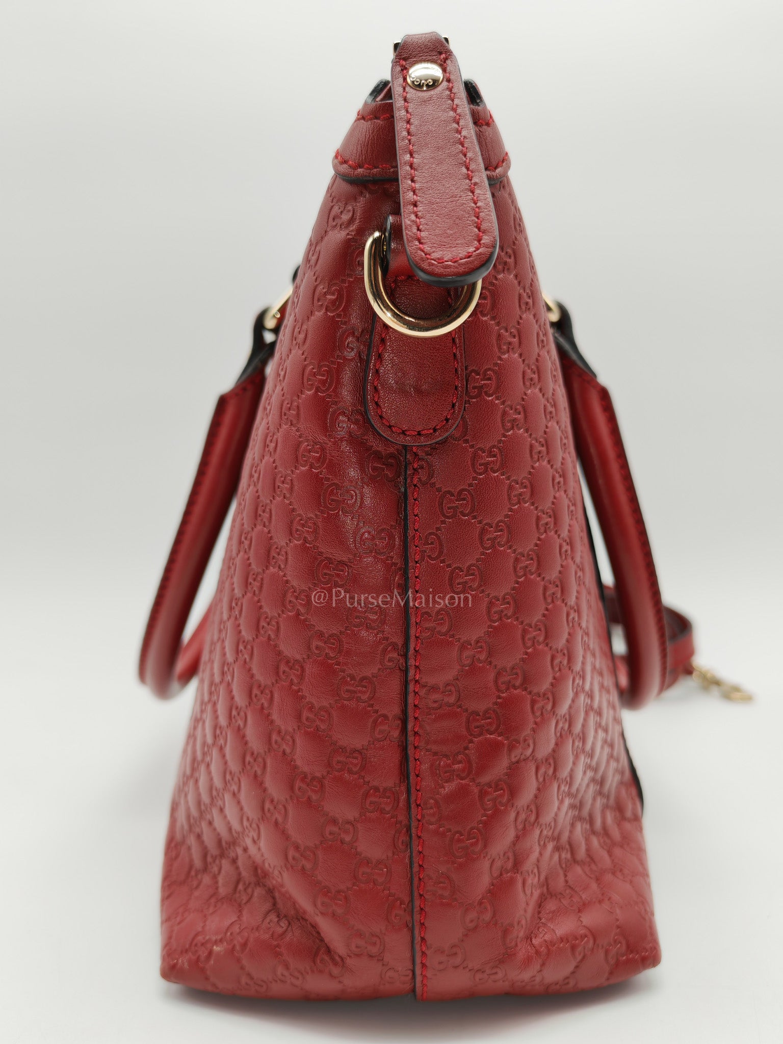 Gucci Margaux Tote Bag in Burgundy Microguccima Leather and Light Gold Hardware | Purse Maison Luxury Bags Shop