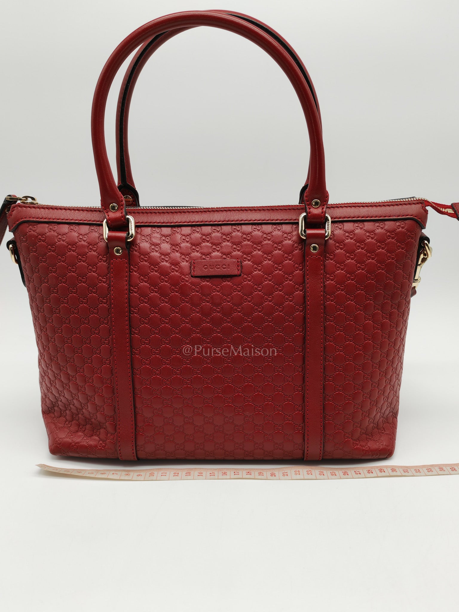 Gucci Margaux Tote Bag in Burgundy Microguccima Leather and Light Gold Hardware | Purse Maison Luxury Bags Shop
