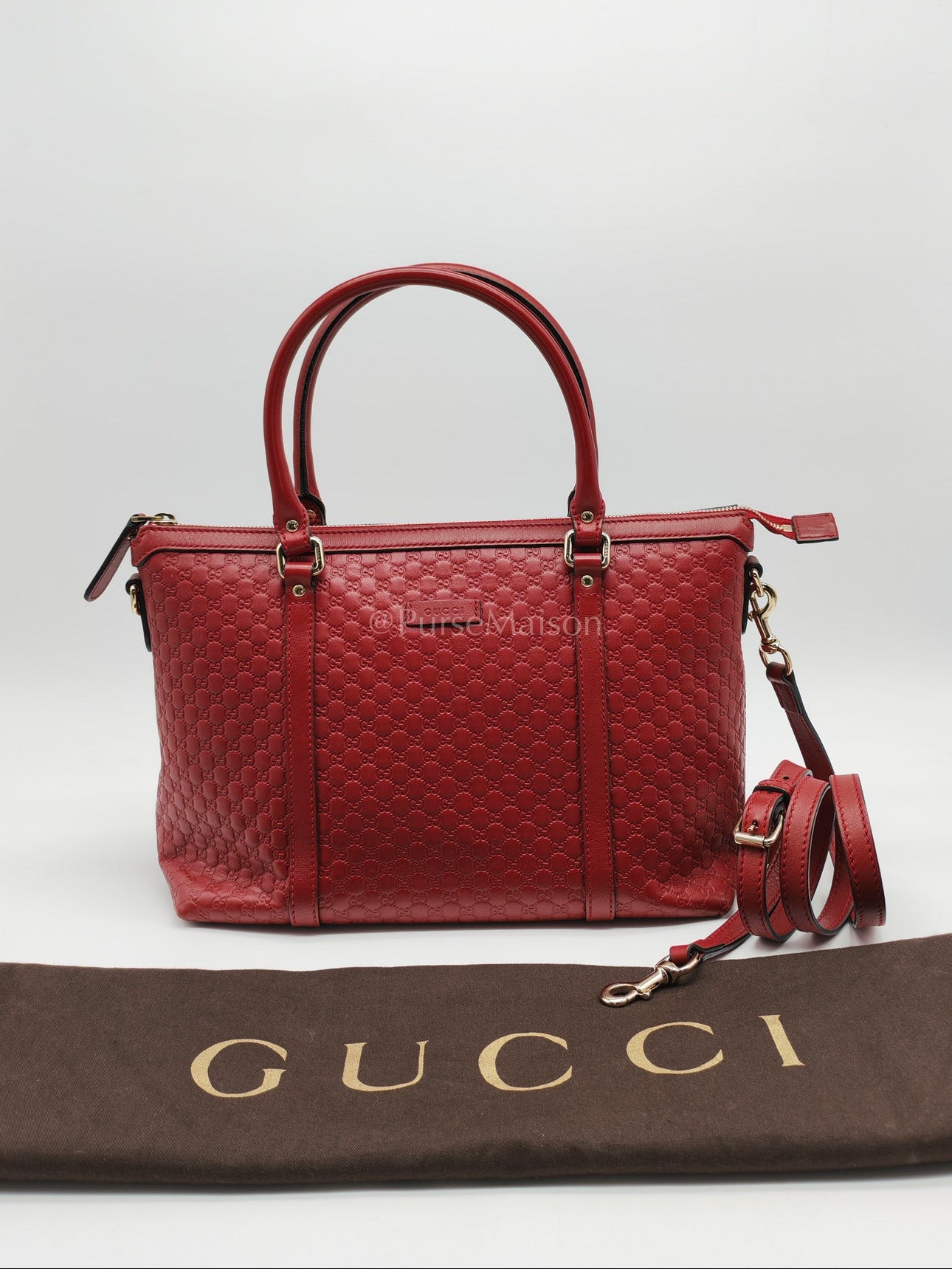 Gucci Margaux Tote Bag in Burgundy Microguccima Leather and Light Gold Hardware | Purse Maison Luxury Bags Shop