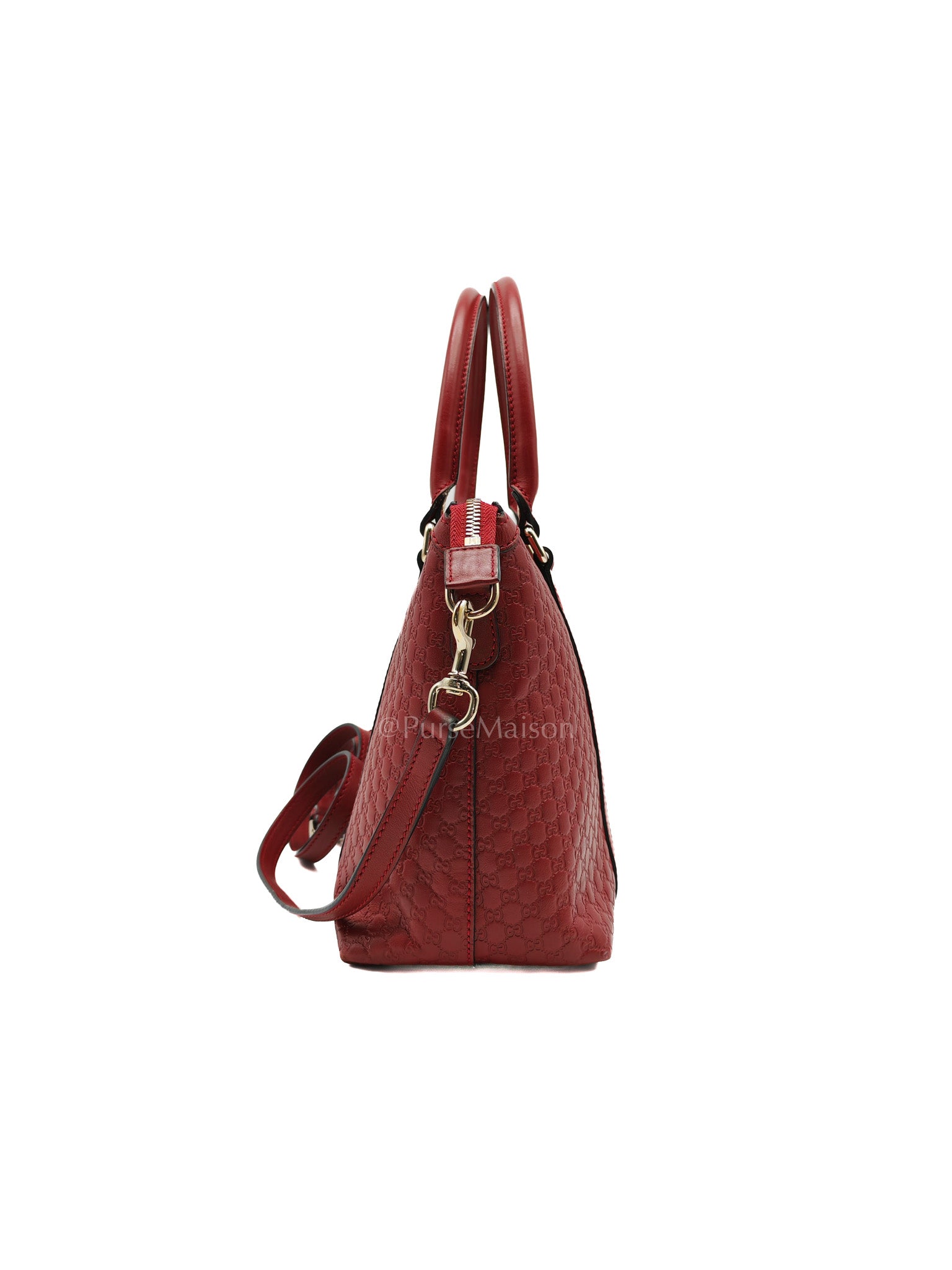 Gucci Margaux Tote Bag in Burgundy Microguccima Leather and Light Gold Hardware | Purse Maison Luxury Bags Shop