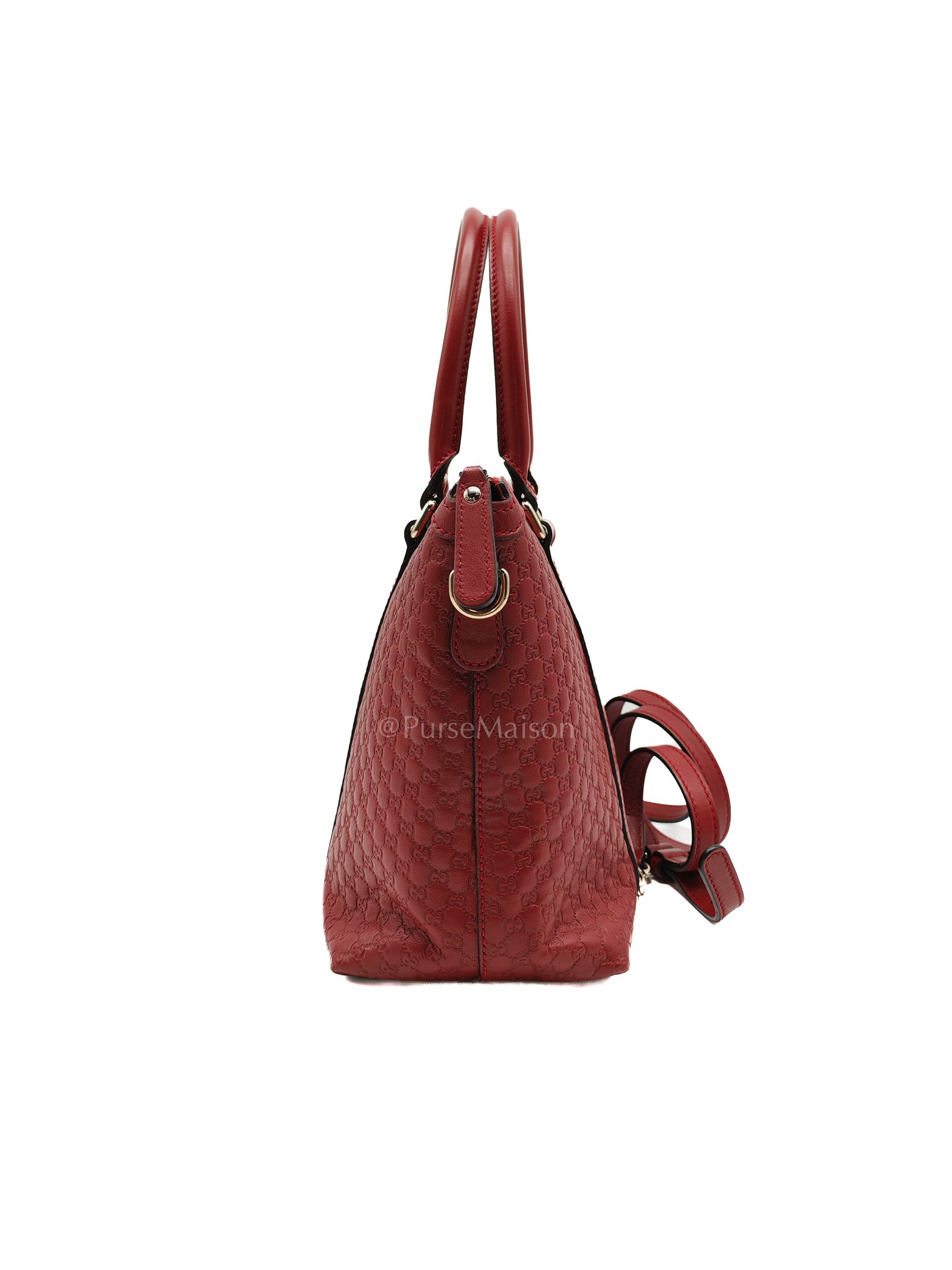 Gucci Margaux Tote Bag in Burgundy Microguccima Leather and Light Gold Hardware | Purse Maison Luxury Bags Shop