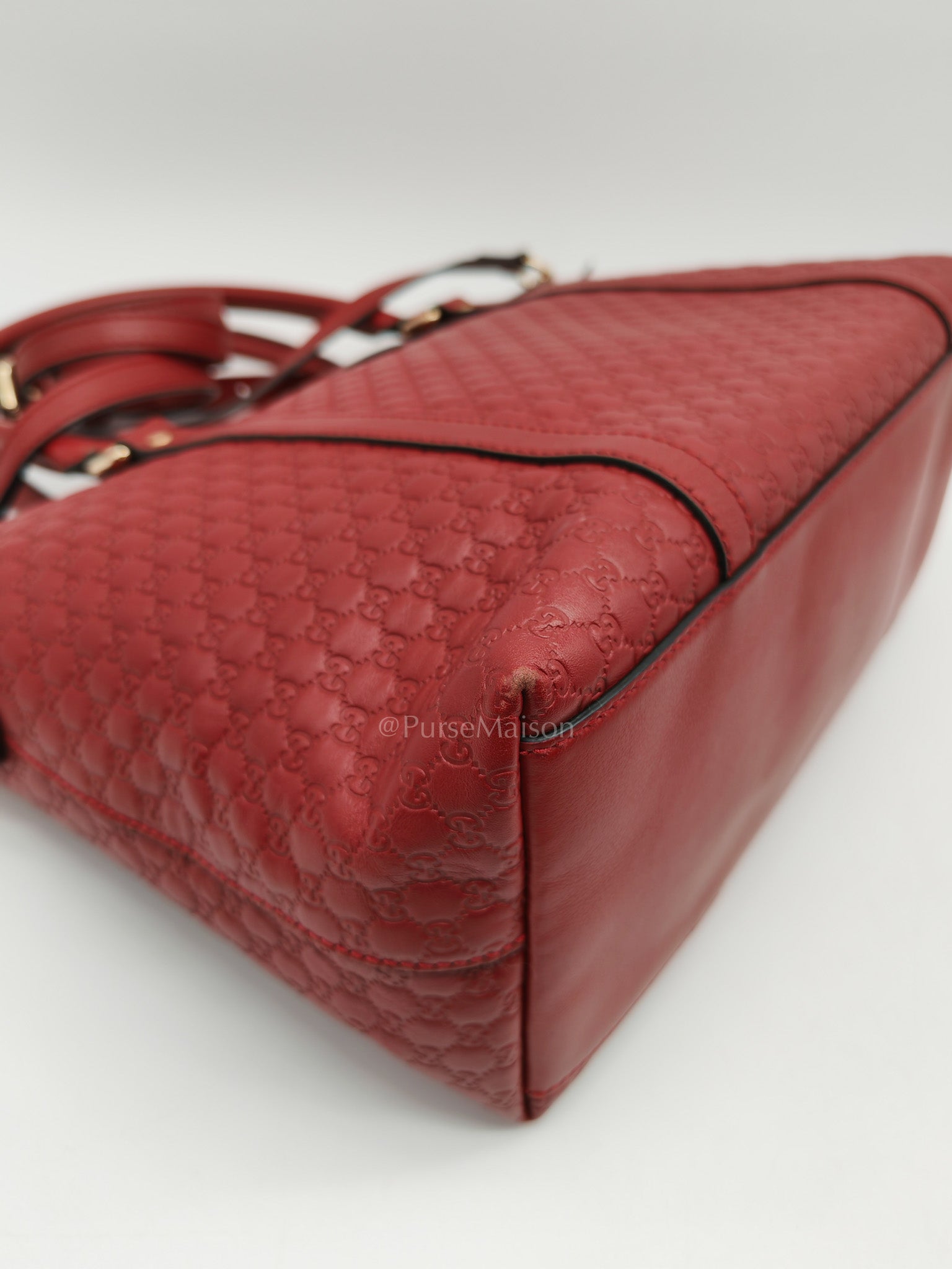 Gucci Margaux Tote Bag in Burgundy Microguccima Leather and Light Gold Hardware | Purse Maison Luxury Bags Shop