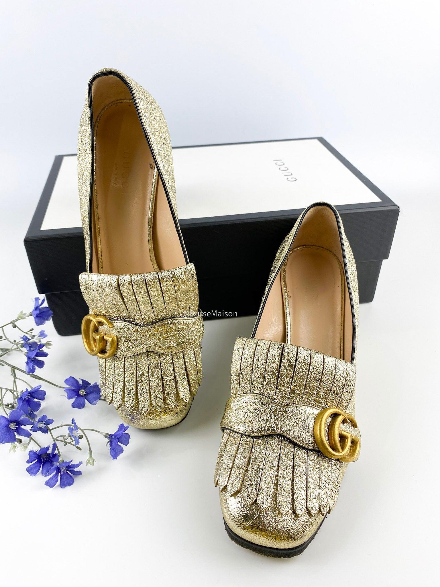 Gucci Marmont loafer heels Fringed Metallic Gold (Size 37.5 EUR)