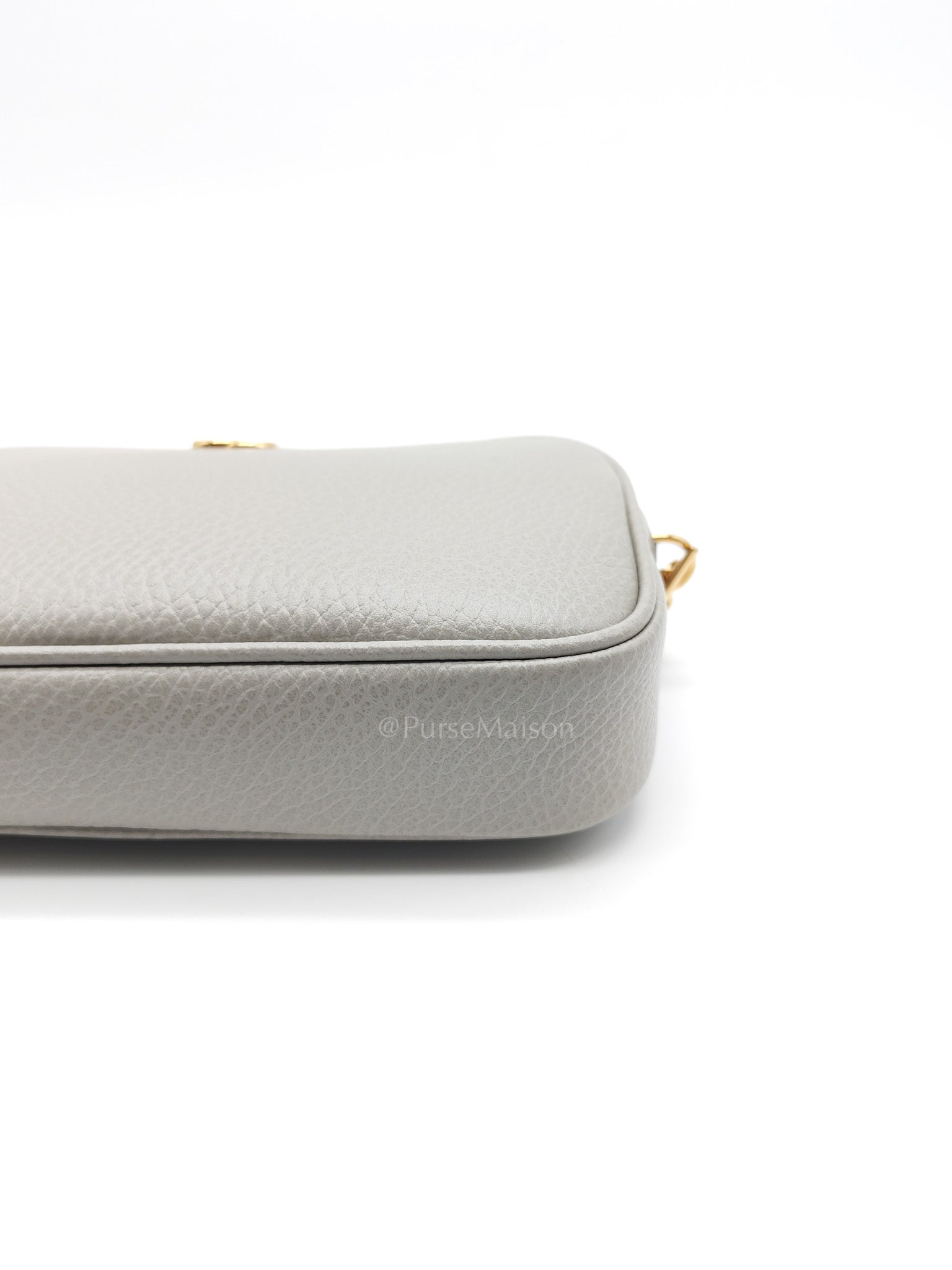Gucci Marmont Mini Camera Bag in Light Gray Grained Calfskin Leather Chain Strap | Purse Maison Luxury Bags Shop