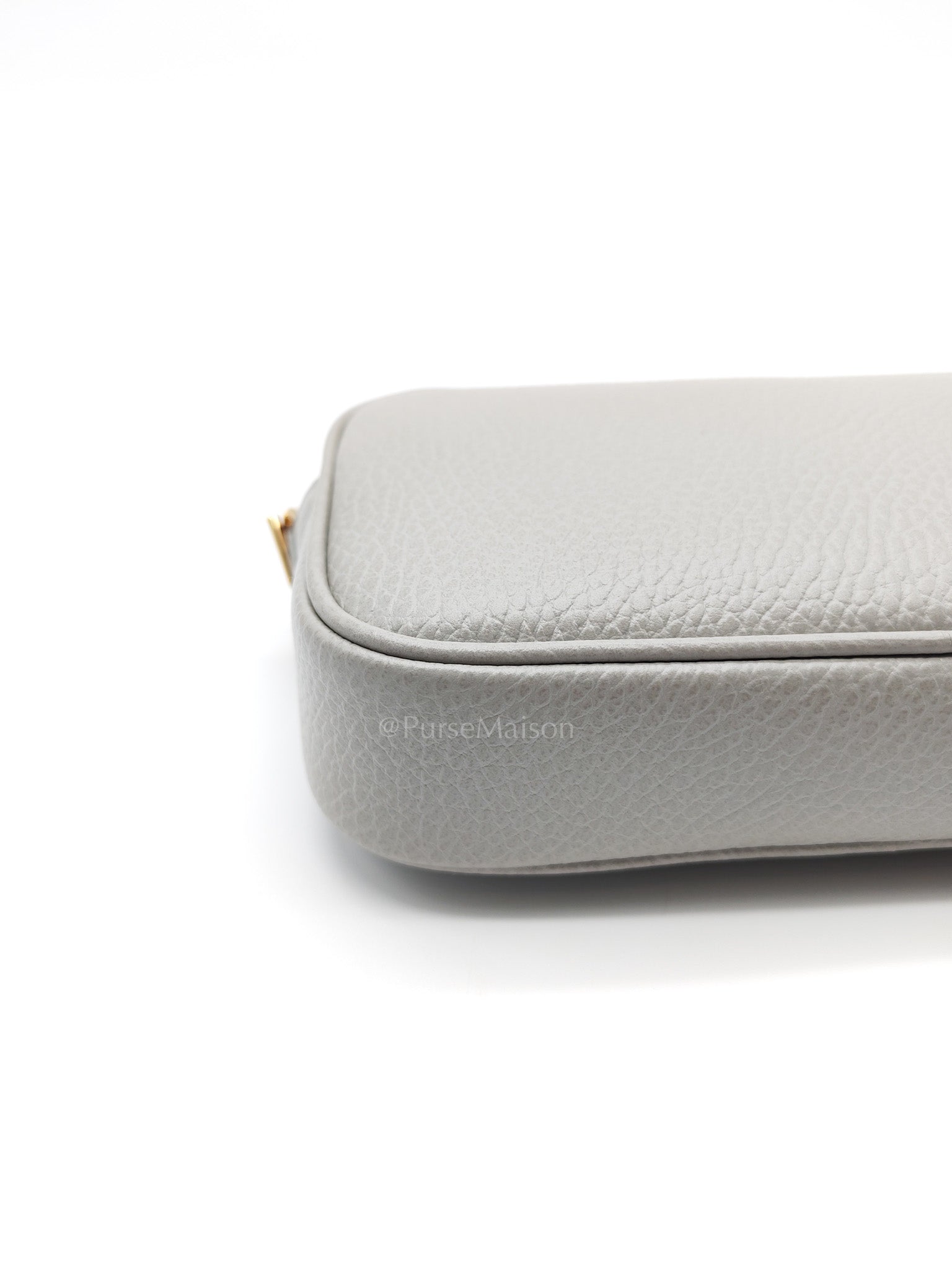 Gucci Marmont Mini Camera Bag in Light Gray Grained Calfskin Leather Chain Strap | Purse Maison Luxury Bags Shop