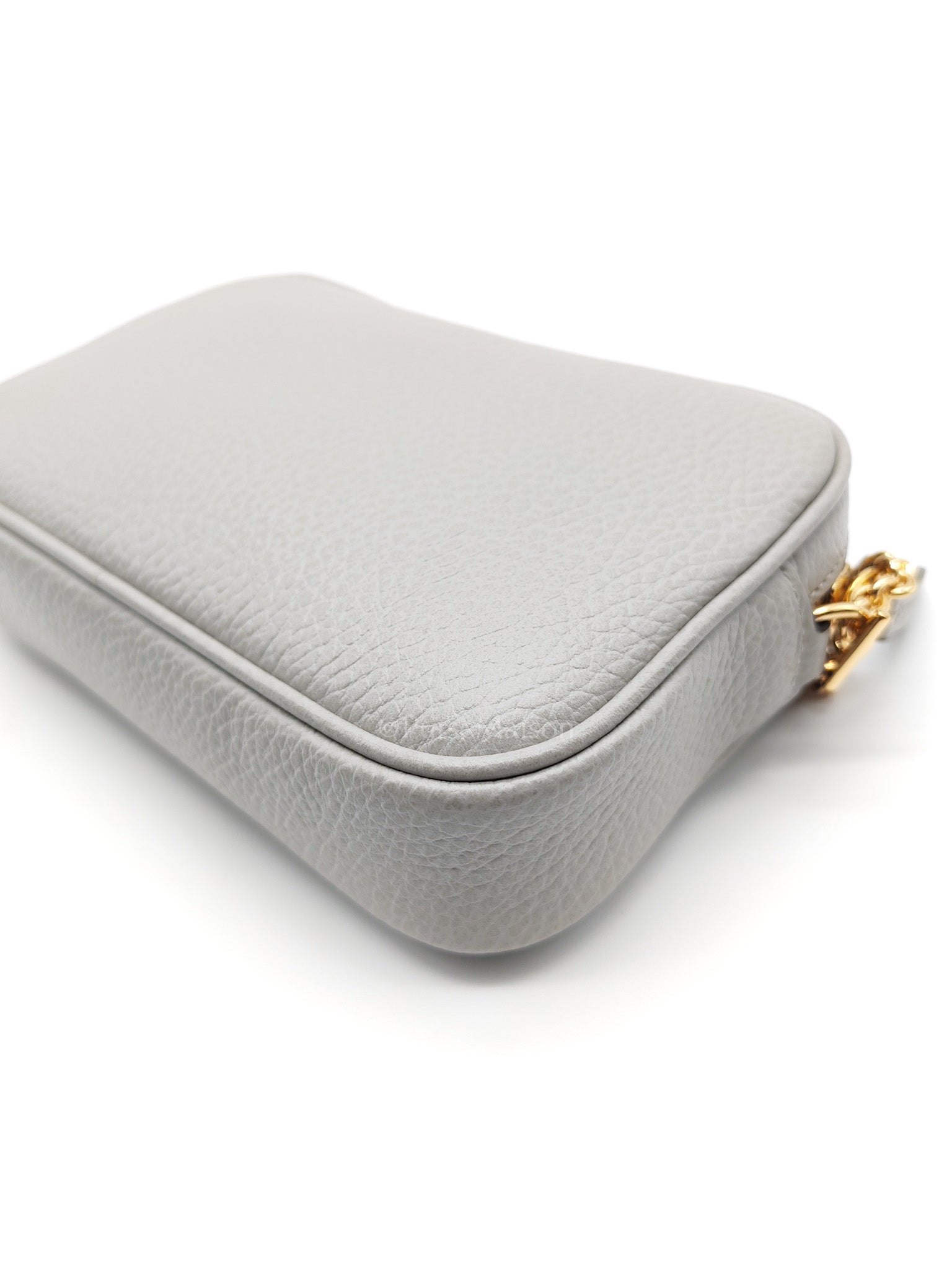 Gucci Marmont Mini Camera Bag in Light Gray Grained Calfskin Leather Chain Strap | Purse Maison Luxury Bags Shop