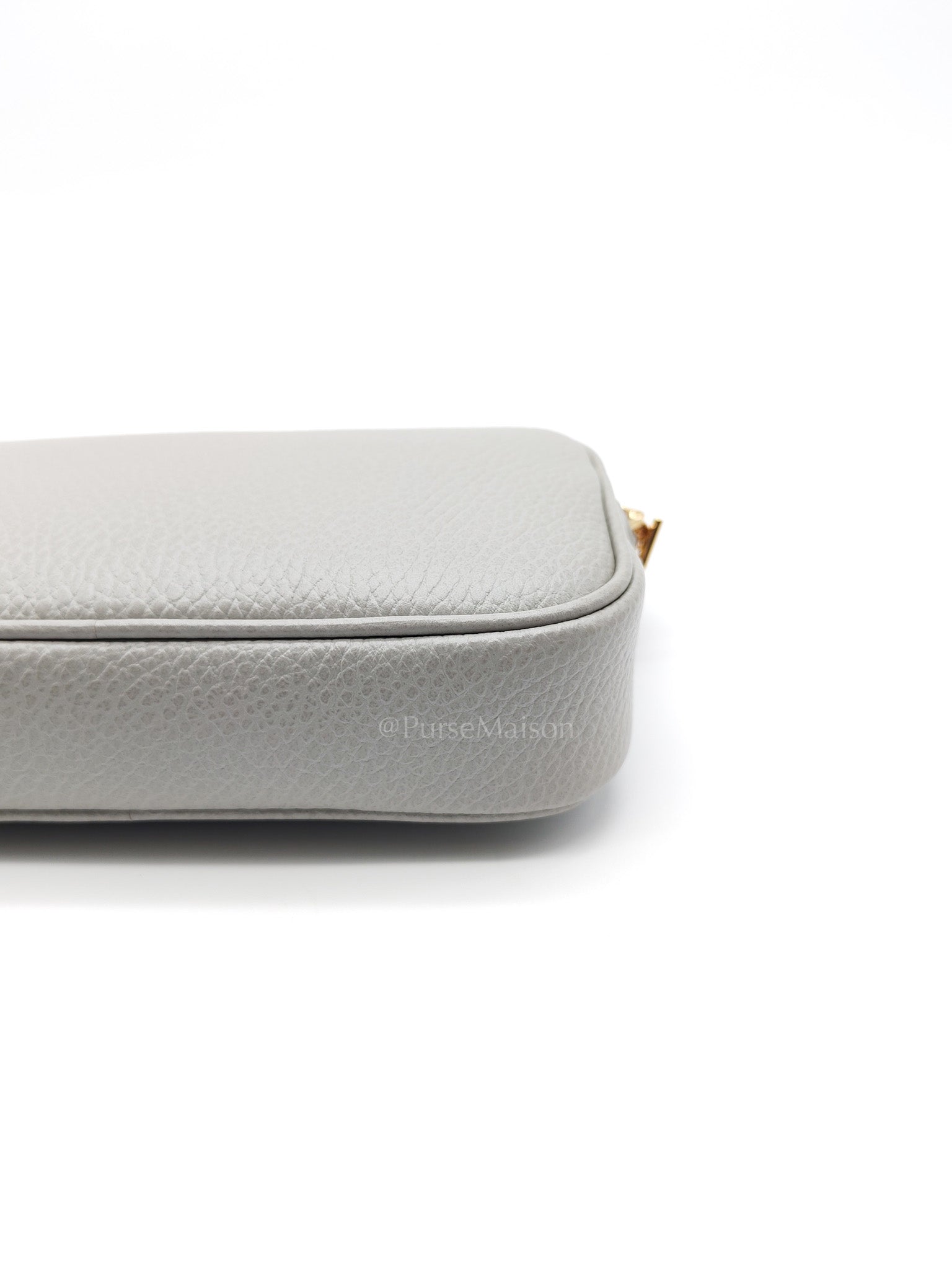 Gucci Marmont Mini Camera Bag in Light Gray Grained Calfskin Leather Chain Strap | Purse Maison Luxury Bags Shop