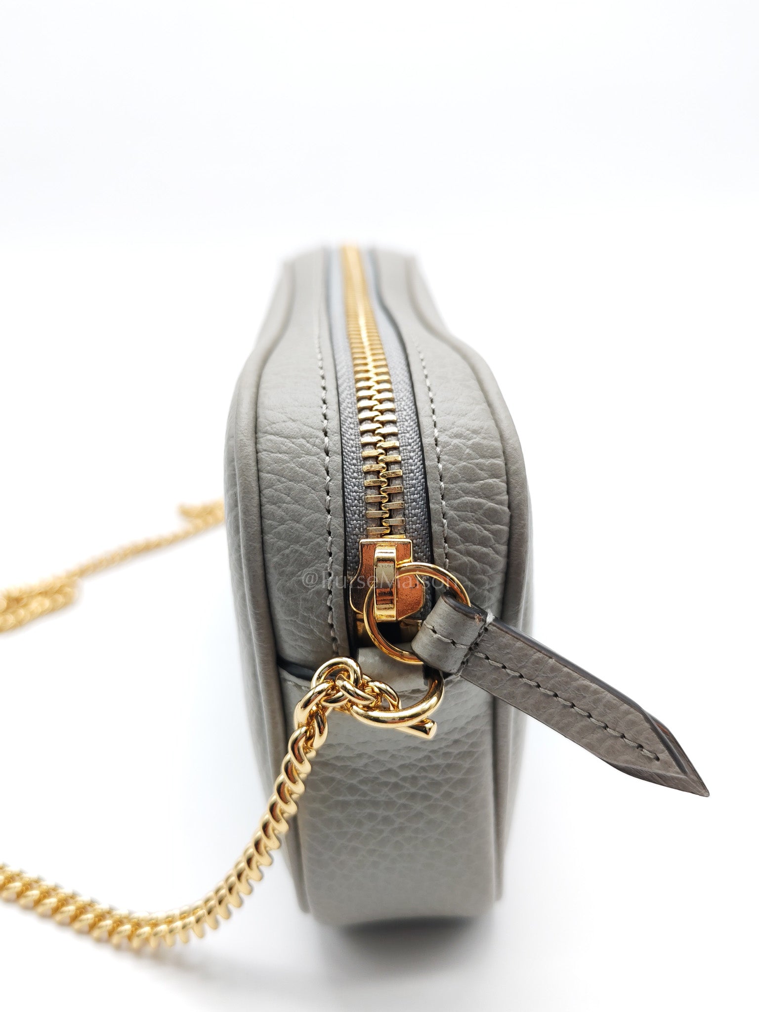 Gucci Marmont Mini Camera Bag in Light Gray Grained Calfskin Leather Chain Strap | Purse Maison Luxury Bags Shop