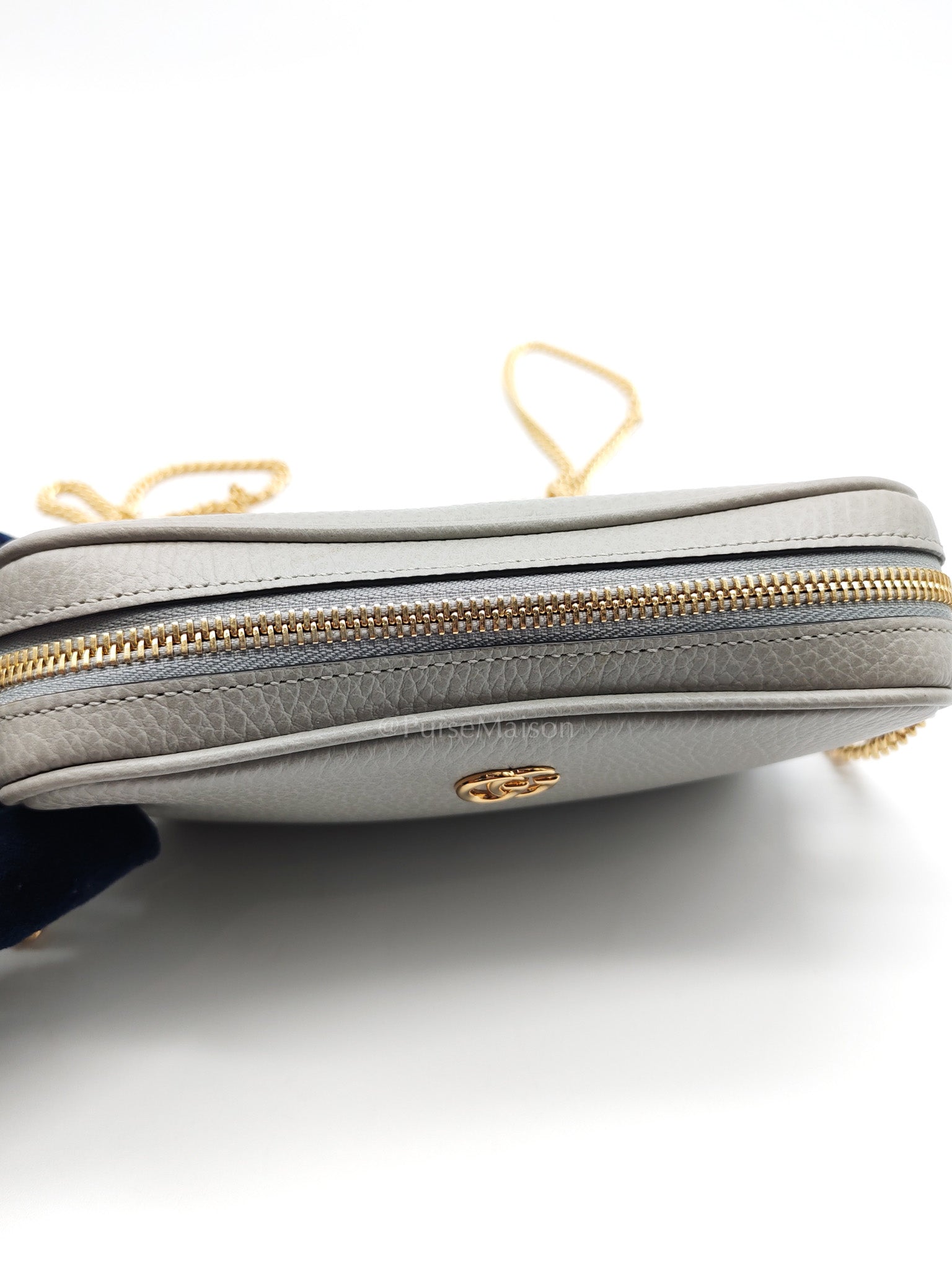 Gucci Marmont Mini Camera Bag in Light Gray Grained Calfskin Leather Chain Strap | Purse Maison Luxury Bags Shop