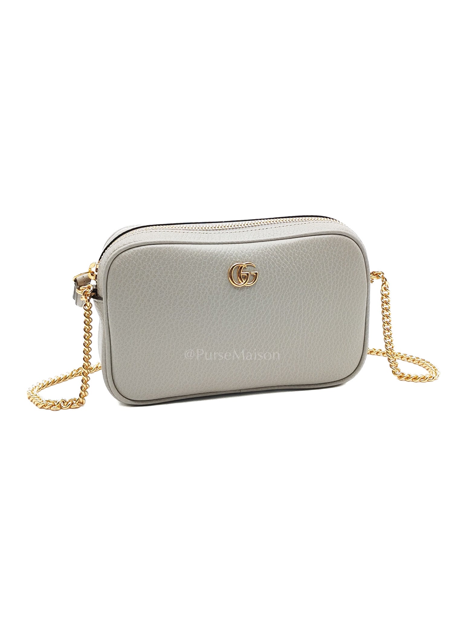 Gucci Marmont Mini Camera Bag in Light Gray Grained Calfskin Leather Chain Strap | Purse Maison Luxury Bags Shop