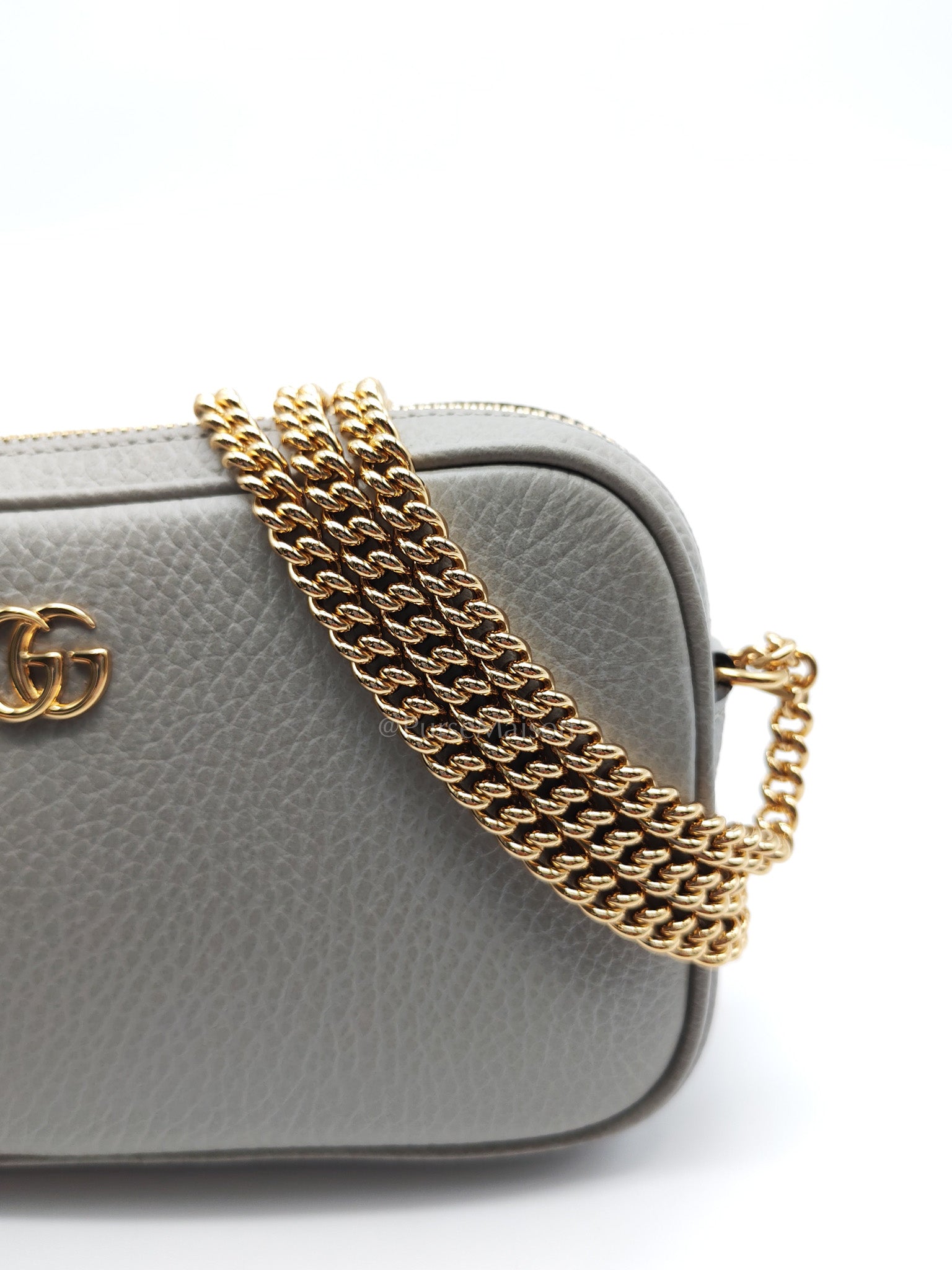 Gucci Marmont Mini Camera Bag in Light Gray Grained Calfskin Leather Chain Strap | Purse Maison Luxury Bags Shop