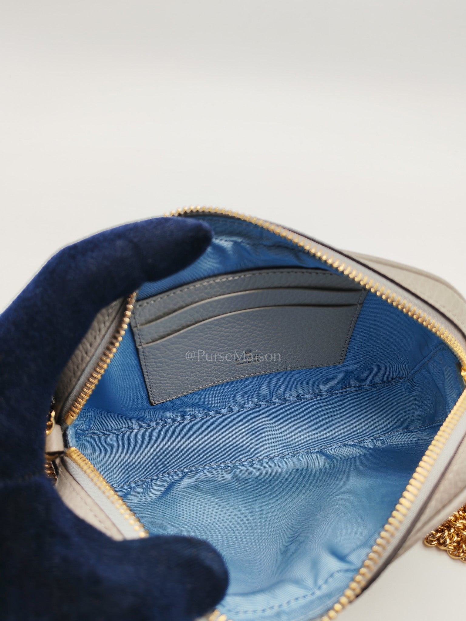 Gucci Marmont Mini Camera Bag in Light Gray Grained Calfskin Leather Chain Strap | Purse Maison Luxury Bags Shop