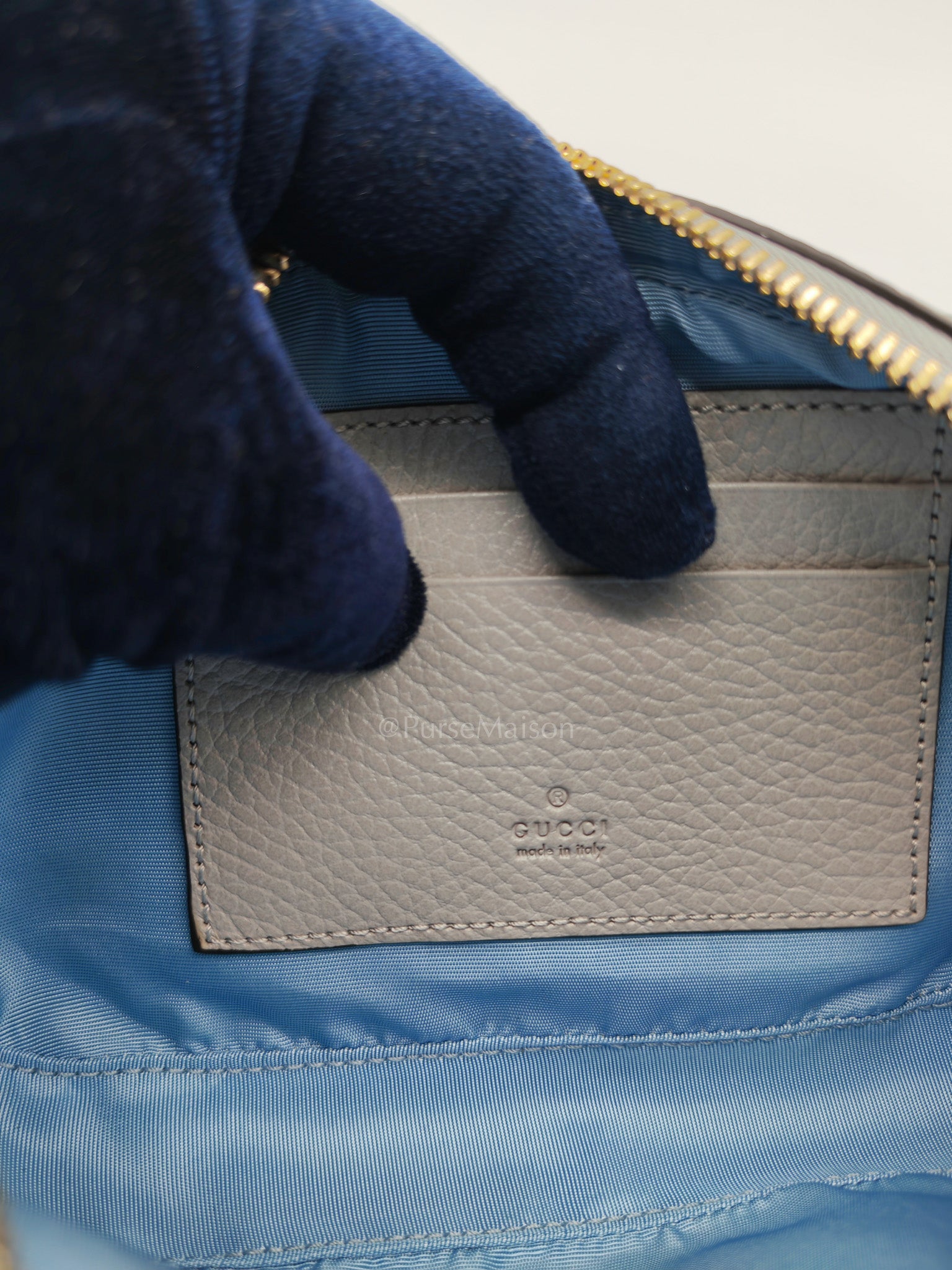 Gucci Marmont Mini Camera Bag in Light Gray Grained Calfskin Leather Chain Strap | Purse Maison Luxury Bags Shop