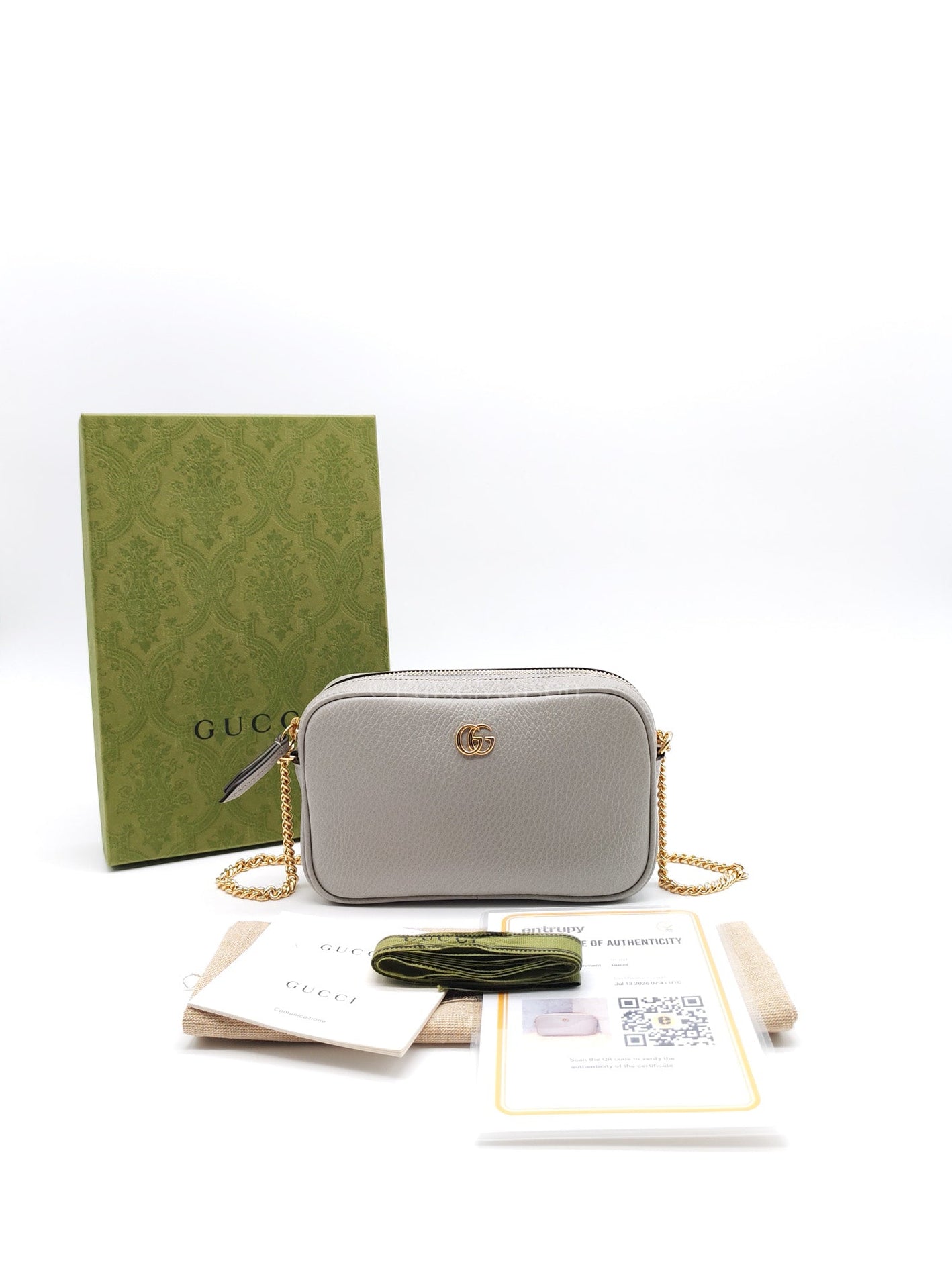 Gucci Marmont Mini Camera Bag in Light Gray Grained Calfskin Leather Chain Strap | Purse Maison Luxury Bags Shop