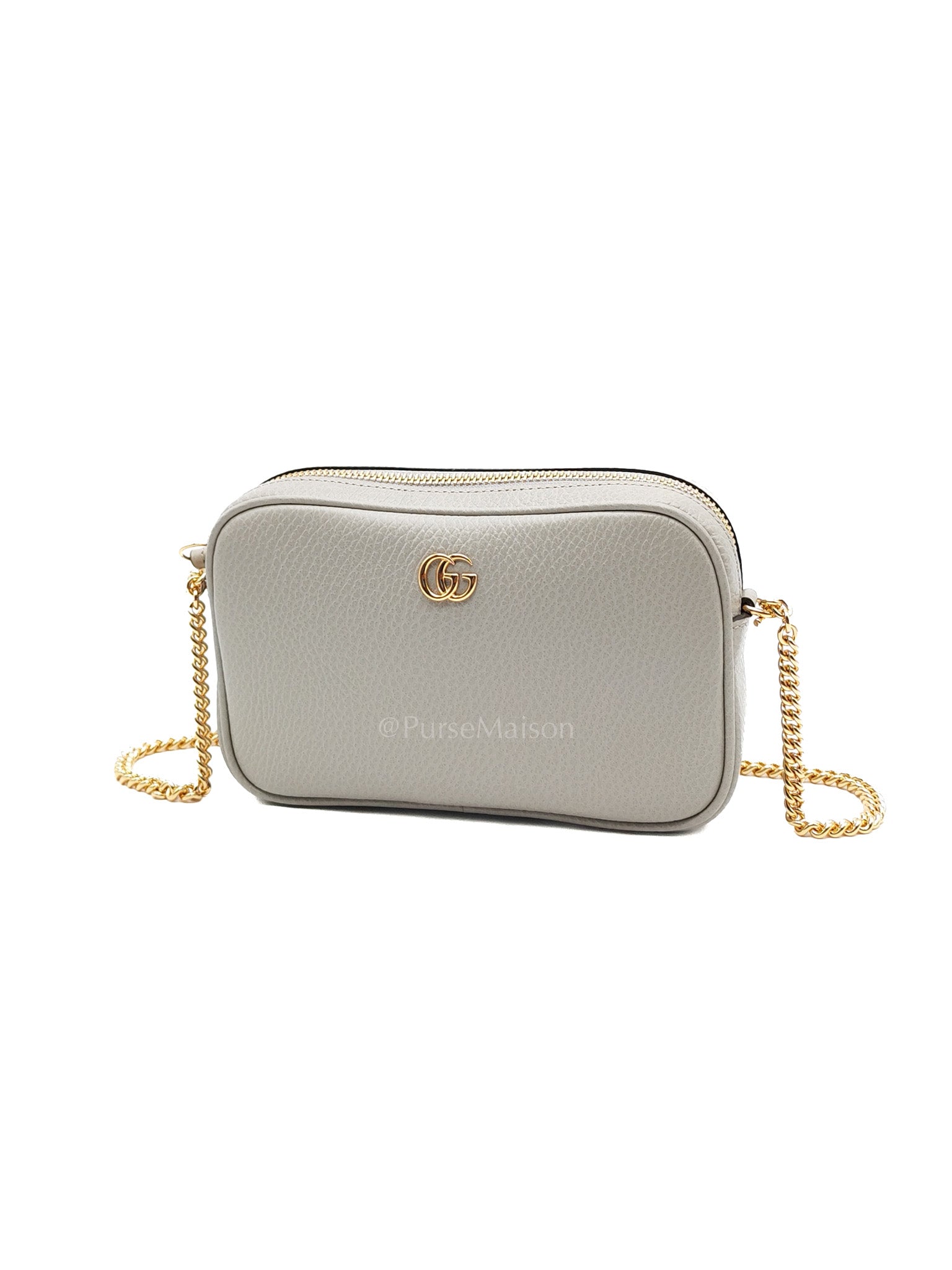 Gucci Marmont Mini Camera Bag in Light Gray Grained Calfskin Leather Chain Strap | Purse Maison Luxury Bags Shop