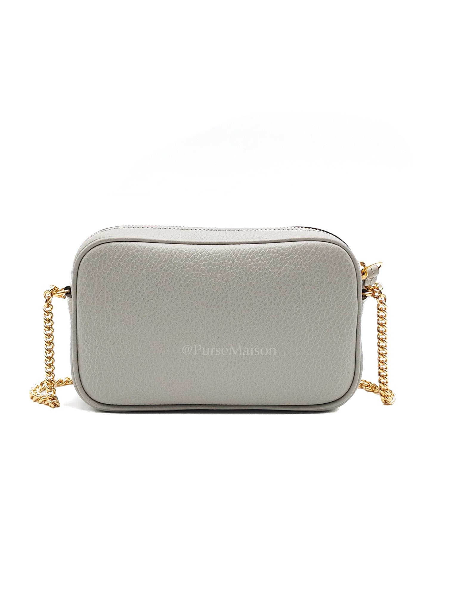 Gucci Marmont Mini Camera Bag in Light Gray Grained Calfskin Leather Chain Strap | Purse Maison Luxury Bags Shop
