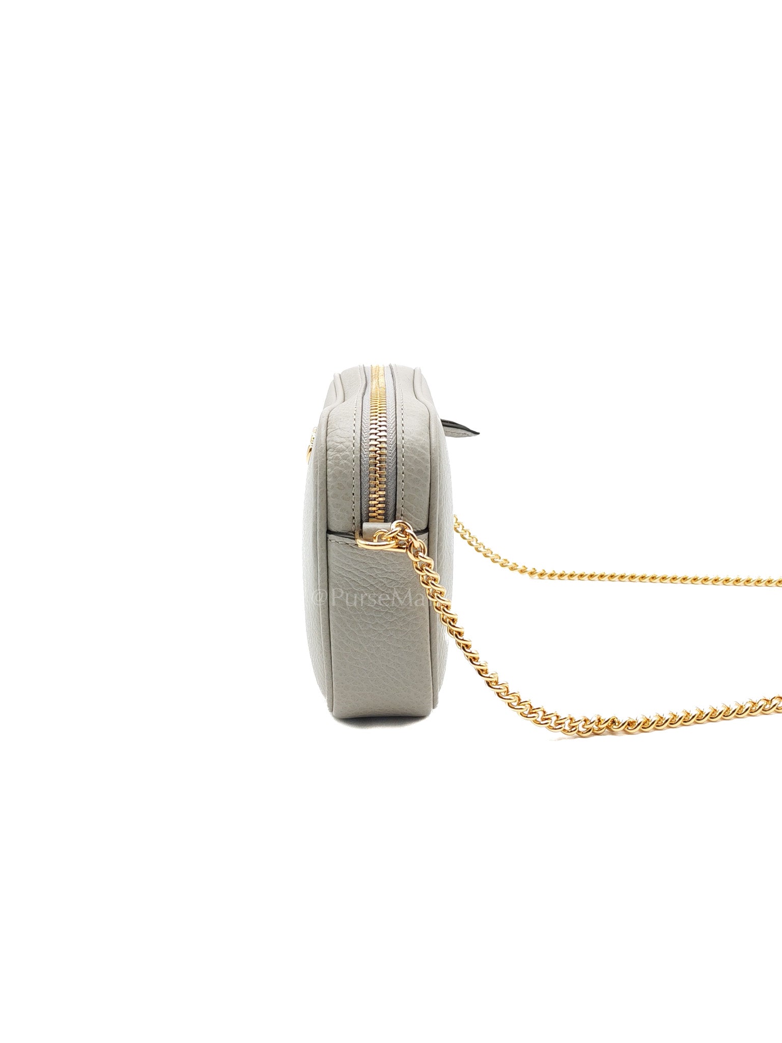 Gucci Marmont Mini Camera Bag in Light Gray Grained Calfskin Leather Chain Strap | Purse Maison Luxury Bags Shop