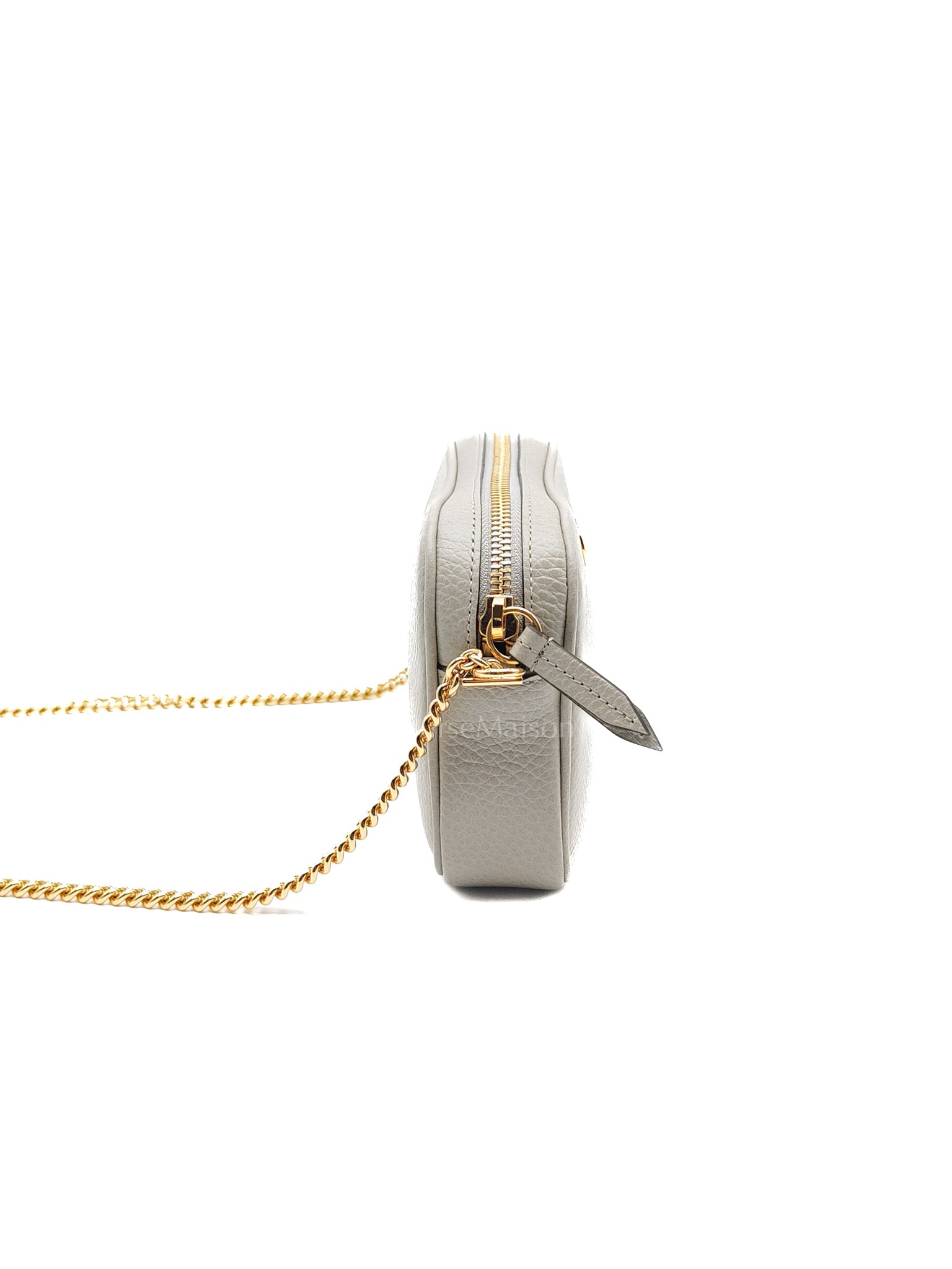 Gucci Marmont Mini Camera Bag in Light Gray Grained Calfskin Leather Chain Strap | Purse Maison Luxury Bags Shop
