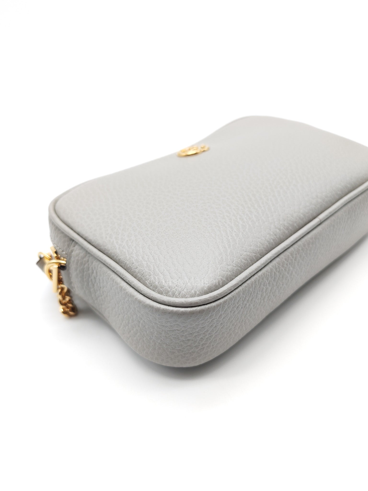 Gucci Marmont Mini Camera Bag in Light Gray Grained Calfskin Leather Chain Strap | Purse Maison Luxury Bags Shop