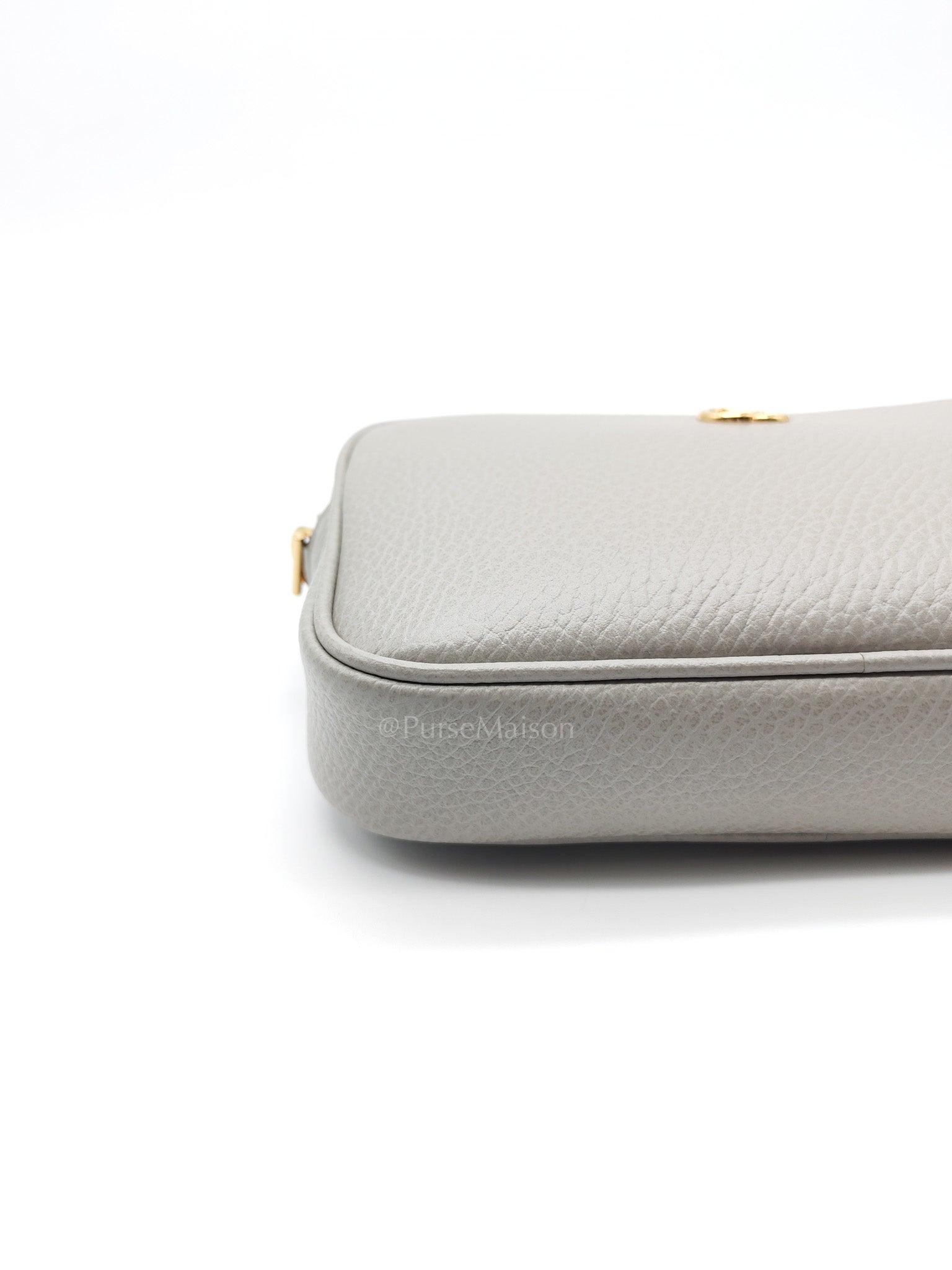 Gucci Marmont Mini Camera Bag in Light Gray Grained Calfskin Leather Chain Strap | Purse Maison Luxury Bags Shop