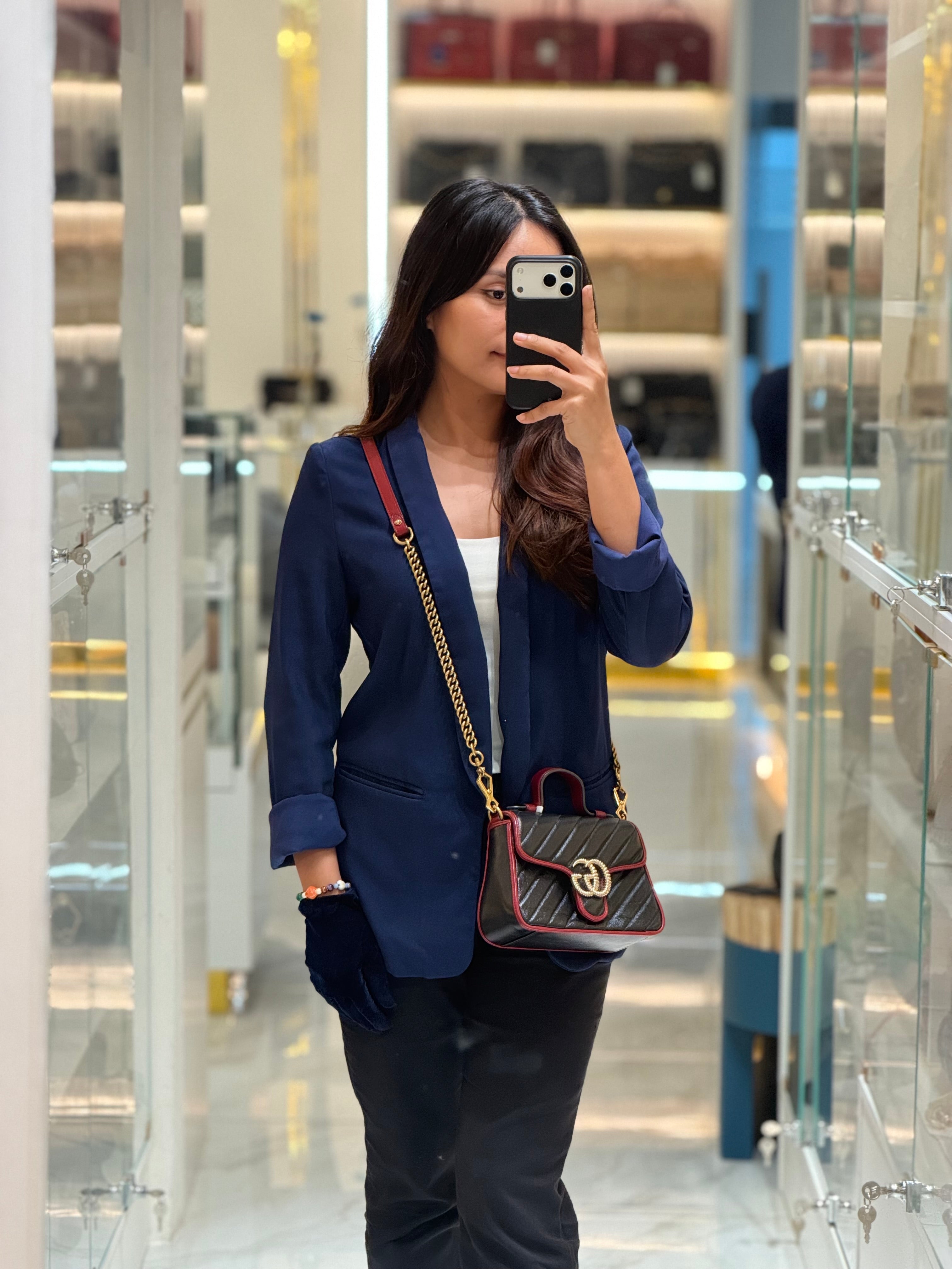 Gucci Mini Torchon Top Handle Shoulder Bag in Black GG Marmont Matelasse Calfskin Leather | Purse Maison Luxury Bags Shop
