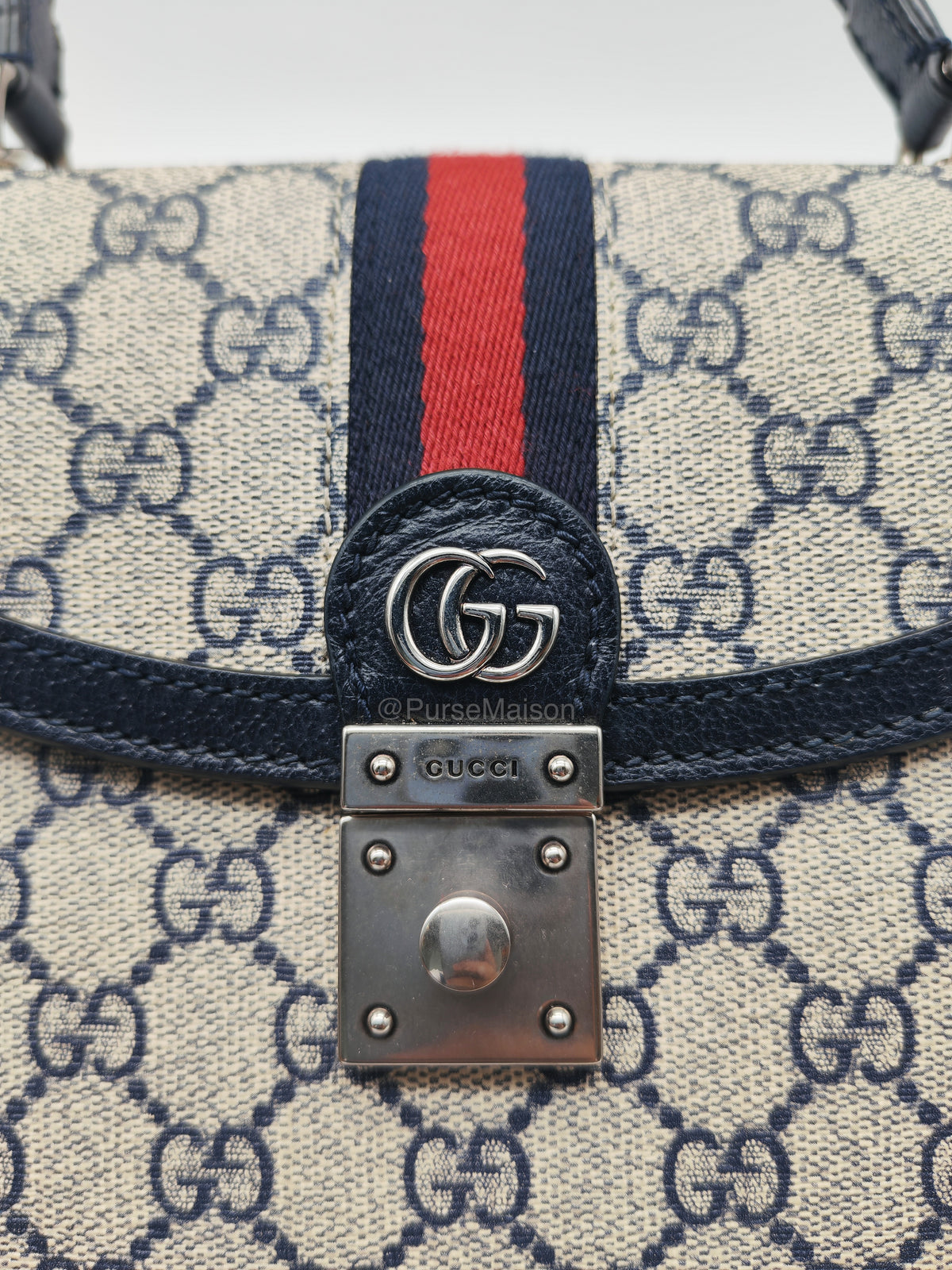 Gucci Ophidia GG Web Canvas and Navy Leather Trim Small Top Handle Bag | Purse Maison Luxury Bags Shop