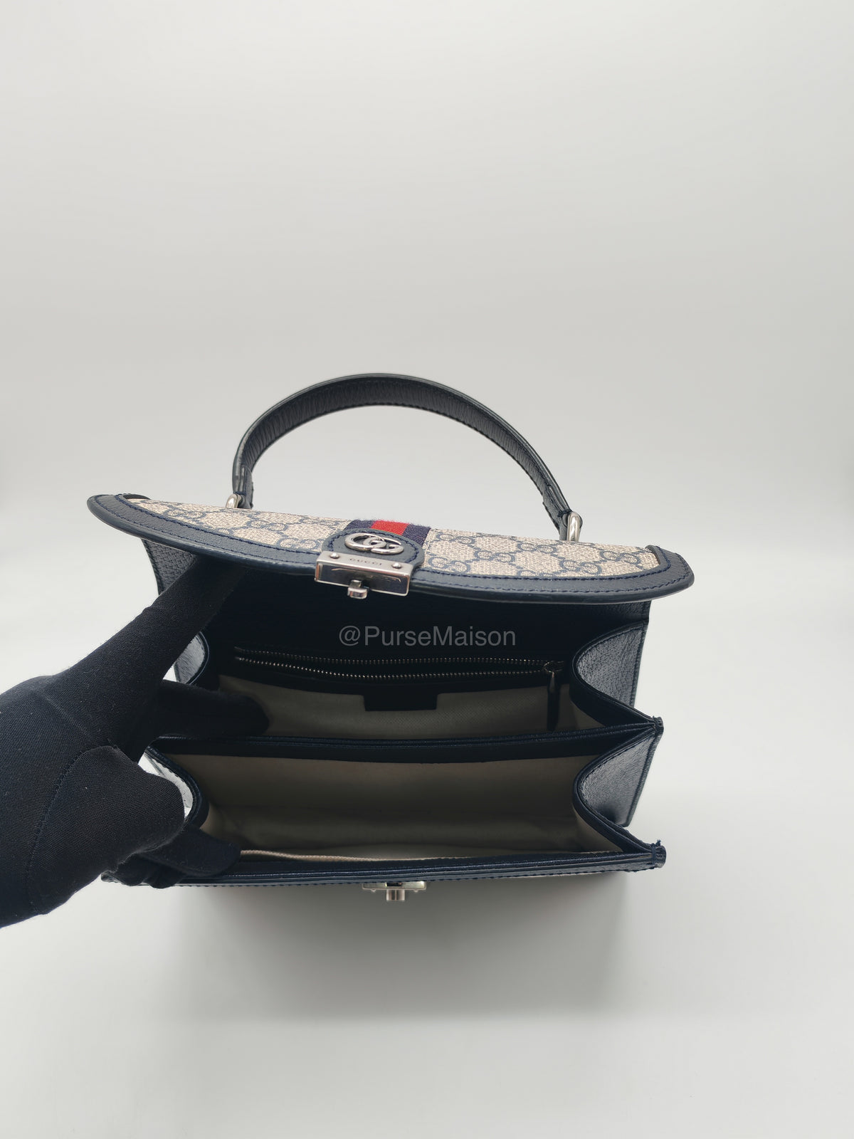 Gucci Ophidia GG Web Canvas and Navy Leather Trim Small Top Handle Bag | Purse Maison Luxury Bags Shop