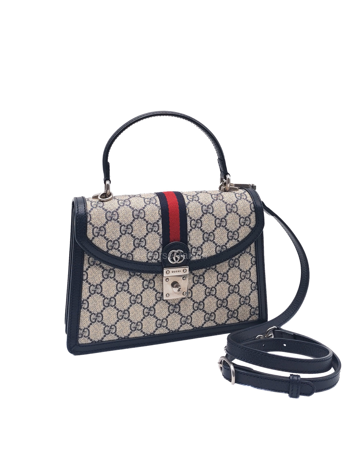 Gucci Ophidia GG Web Canvas and Navy Leather Trim Small Top Handle Bag | Purse Maison Luxury Bags Shop