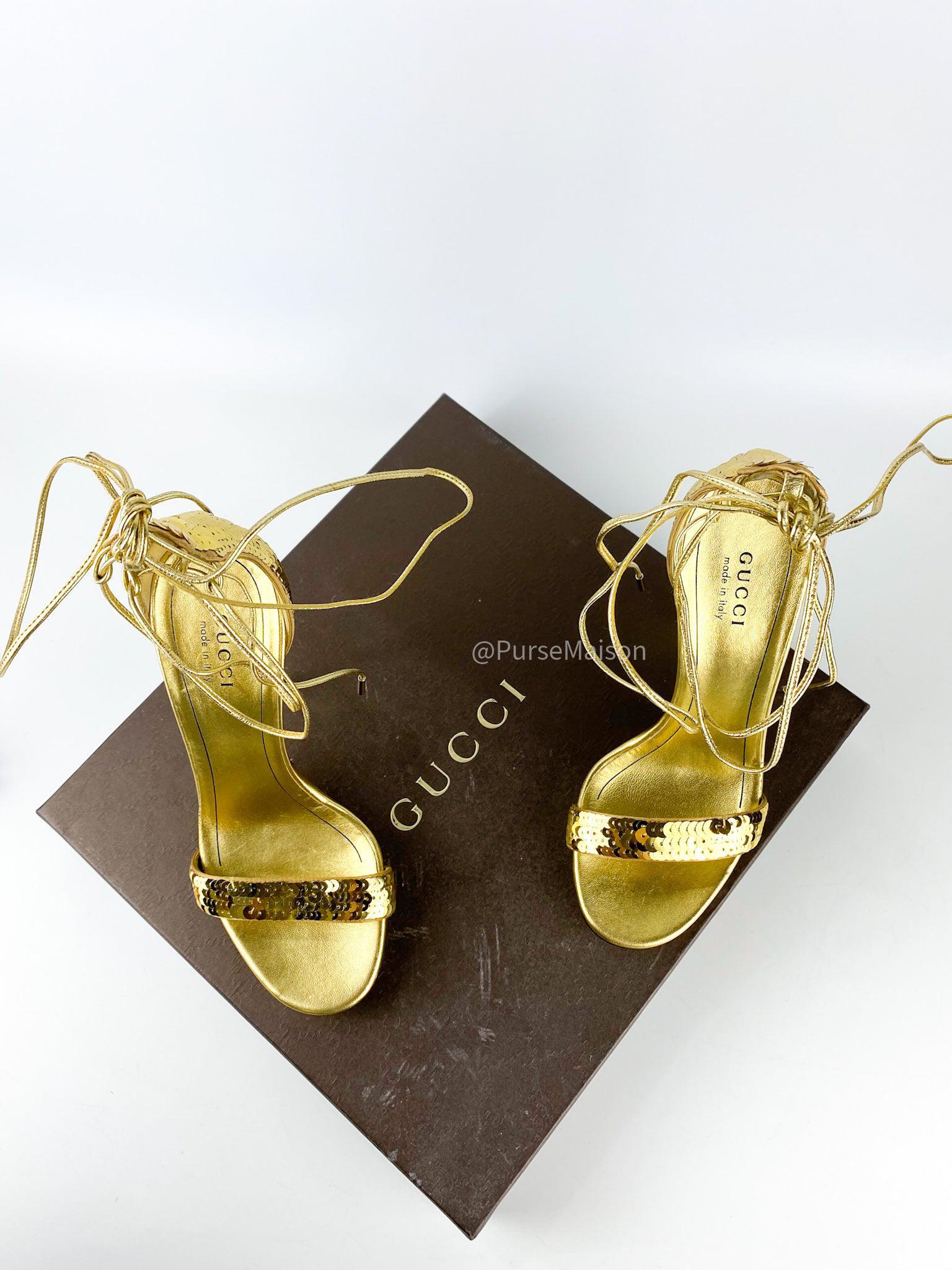 Gucci Paillettes Gold Metallic Strappy Heels Size 35 EU(22cm)