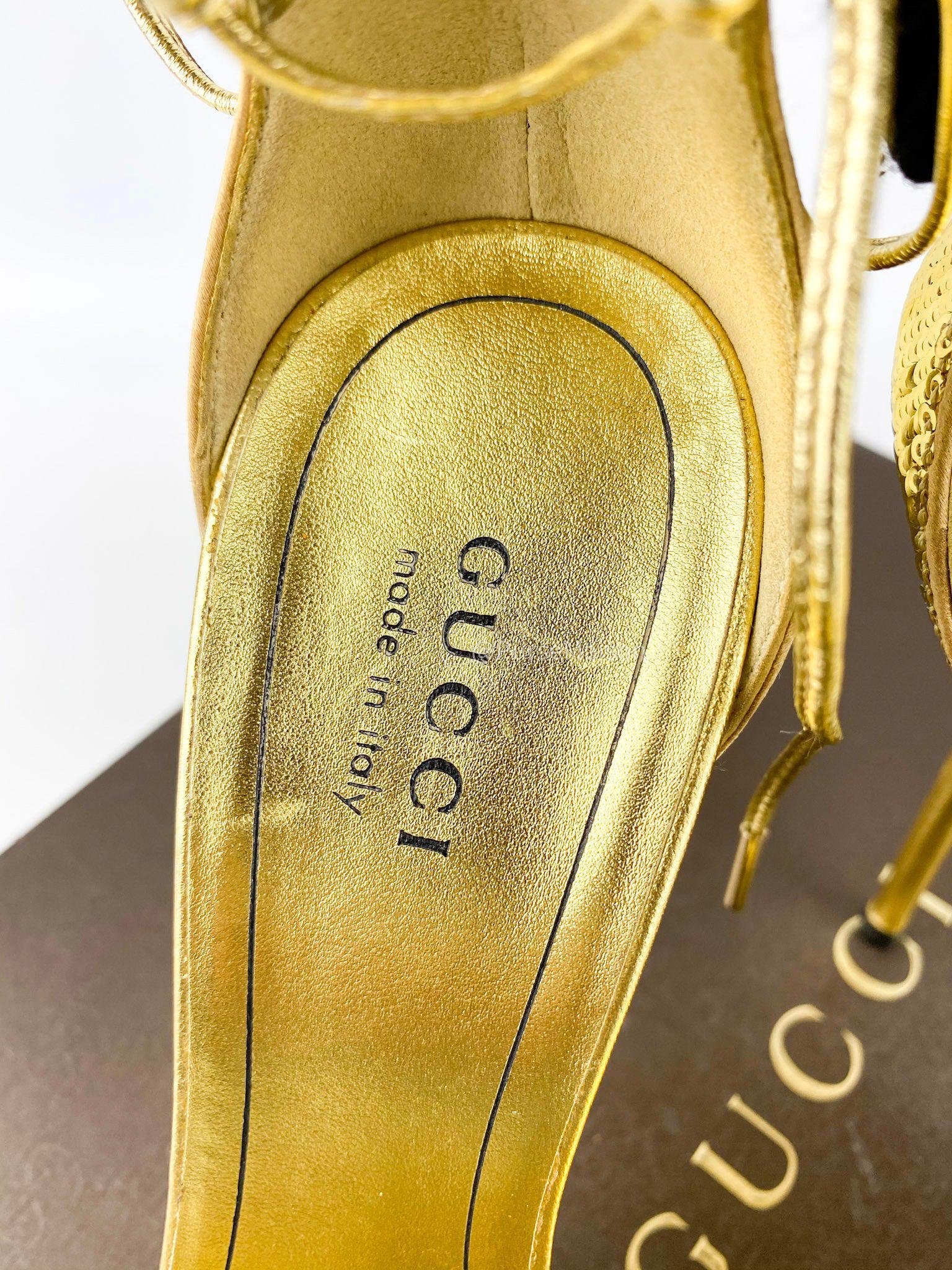 Gucci Paillettes Gold Metallic Strappy Heels Size 35 EU(22cm)