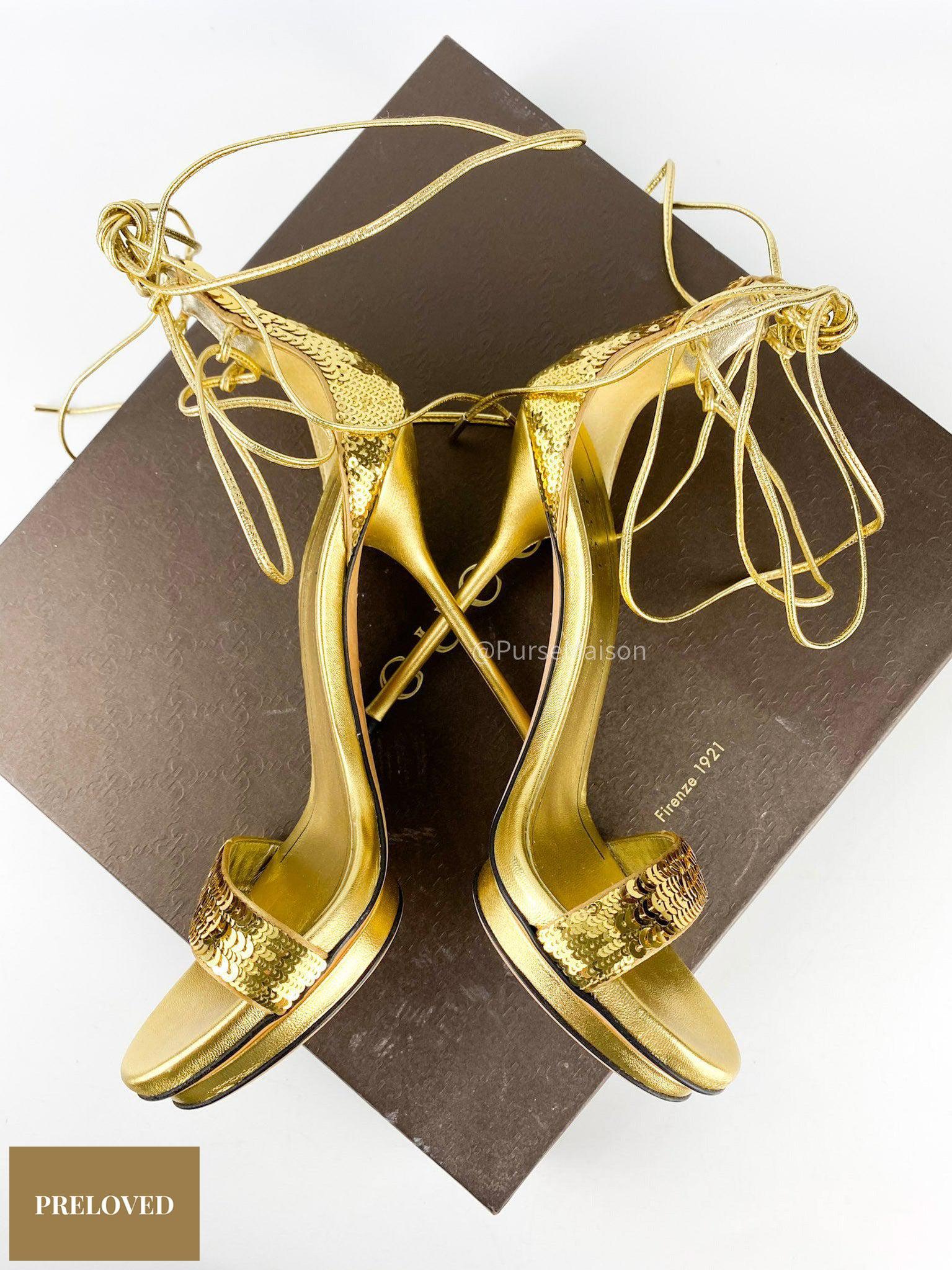 Buy MissPap Metallic Strappy Lace Up Heel Sandals In Gold | 6thStreet Qatar