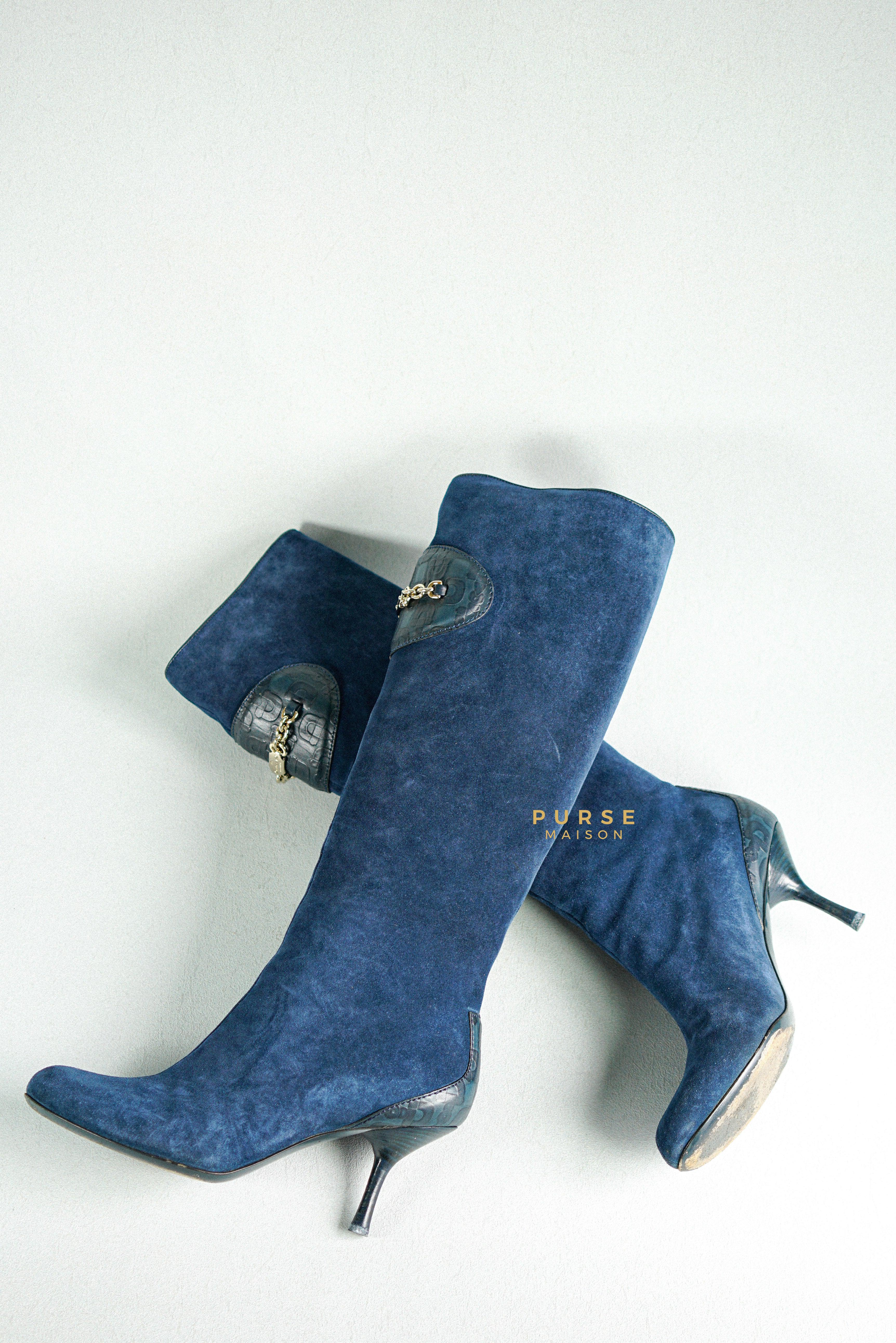 Gucci Suede Blue Knee-Length Boots Size 35 EU | Purse Maison Luxury Bags Shop