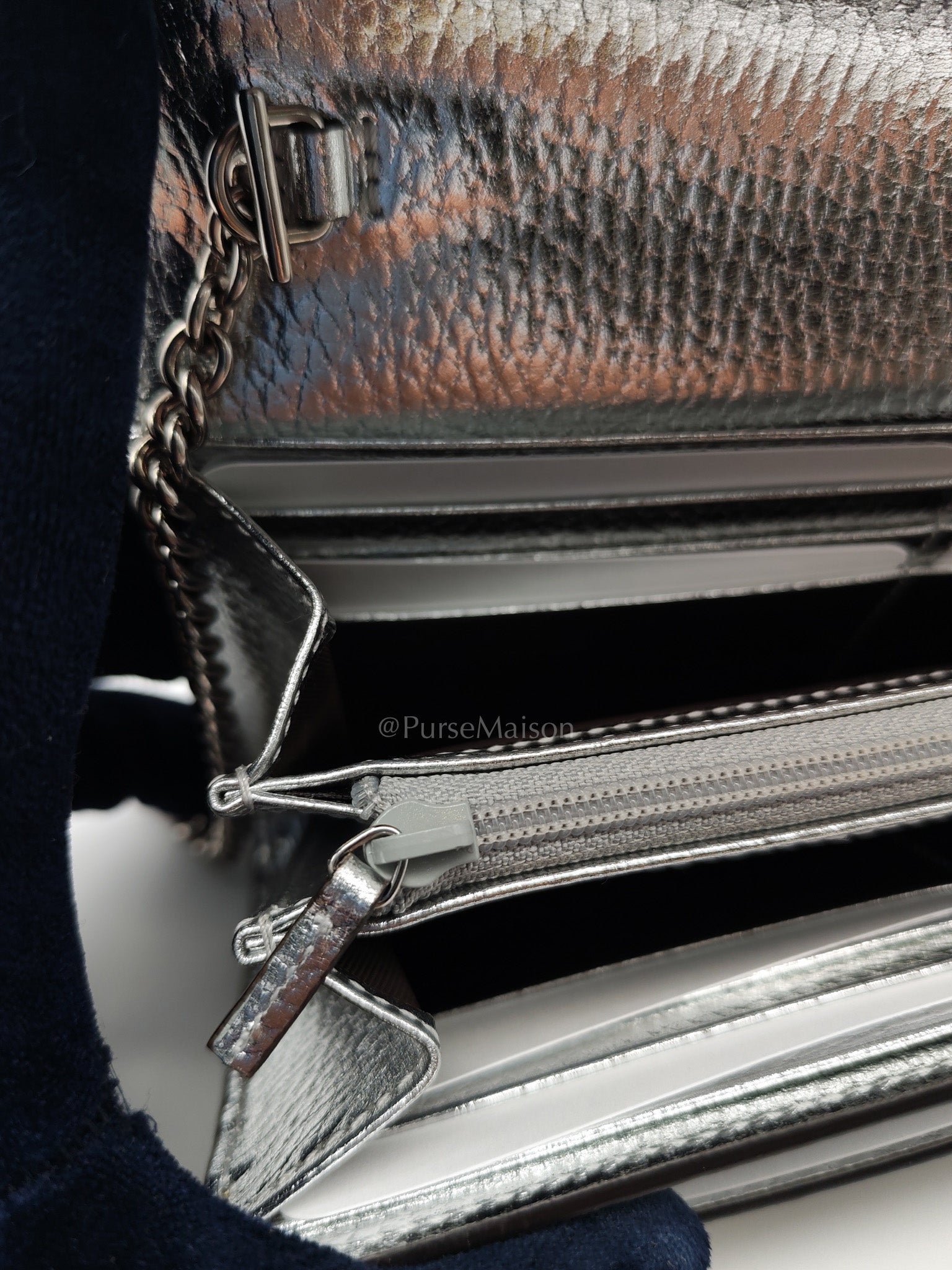 Gucci Supreme Continental Wallet On Chain in Metalic Silver Flap Crossbody Bag | Purse Maison Luxury Bags Shop